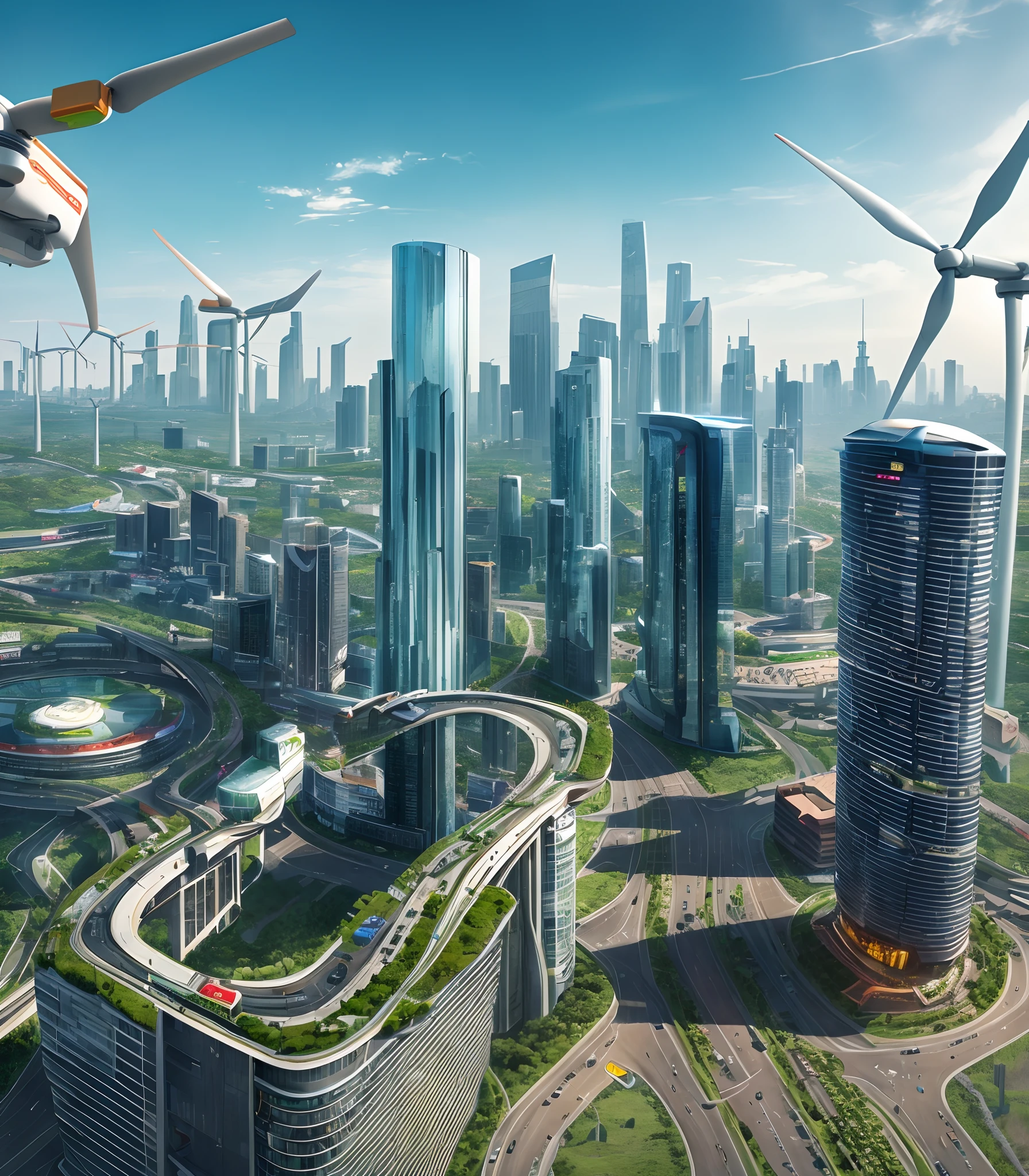 future solarpunk cityscape ,building with solar panels, flying drones on sky, electric cars on roads,high tech city,Wind turbine,green city,equiped with Hyperloop, --auto --s2