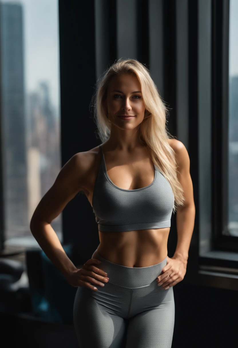 Woman, tight yoga pants, topless, small breasts Cup B, 20 year old, NYC Yoga studio, high windows, skyscrapers, blonde hair, aqua eyes, light smile, closed mouth, blurry foreground, depth of field, cinematic lighting, backlighting, super detail, UHD, high details, super detail, 8k