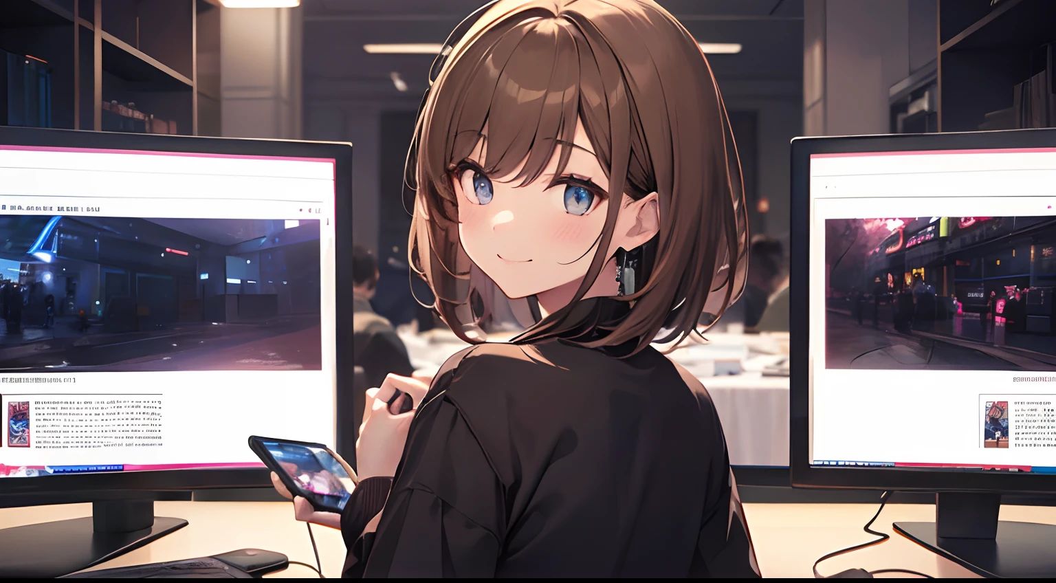 (1girl in),(beautiful eyes finely detailed、Face to detail、masterpiece sidelighting、​masterpiece、top-quality、detaileds、High resolution illustration),Woman playing online games、photographed from the back、posterior view、Looks Back、a closeup、Large screen、18year old、players、Esports players、A smile、frontage、Brown hair、Short bob hair、The upper part of the body、tre anatomically correct、Precise hand shape