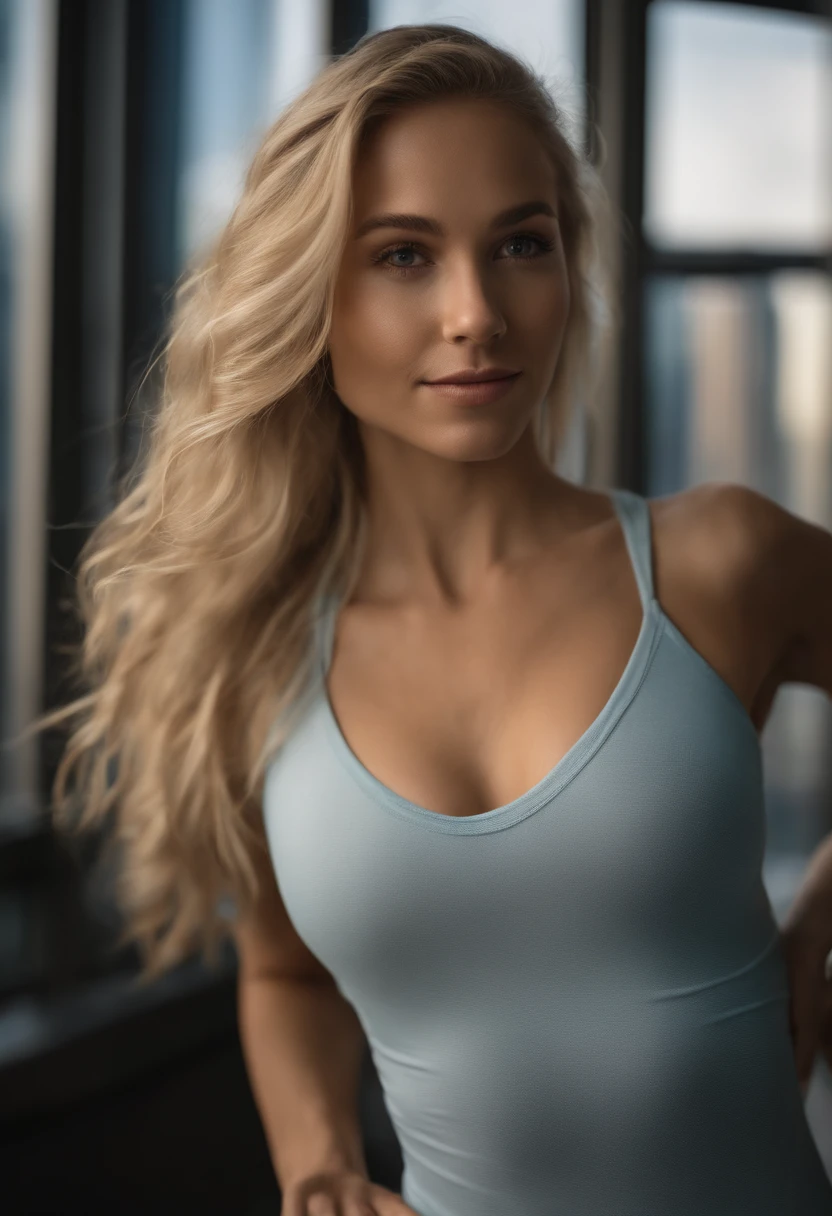 Woman, tight yoga pants, naked small breasts, 20 year old, NYC Yoga studio, high windows, skyscrapers, blonde hair, aqua eyes, light smile, closed mouth, blurry foreground, depth of field, cinematic lighting, backlighting, super detail, UHD, high details, super detail, 8k