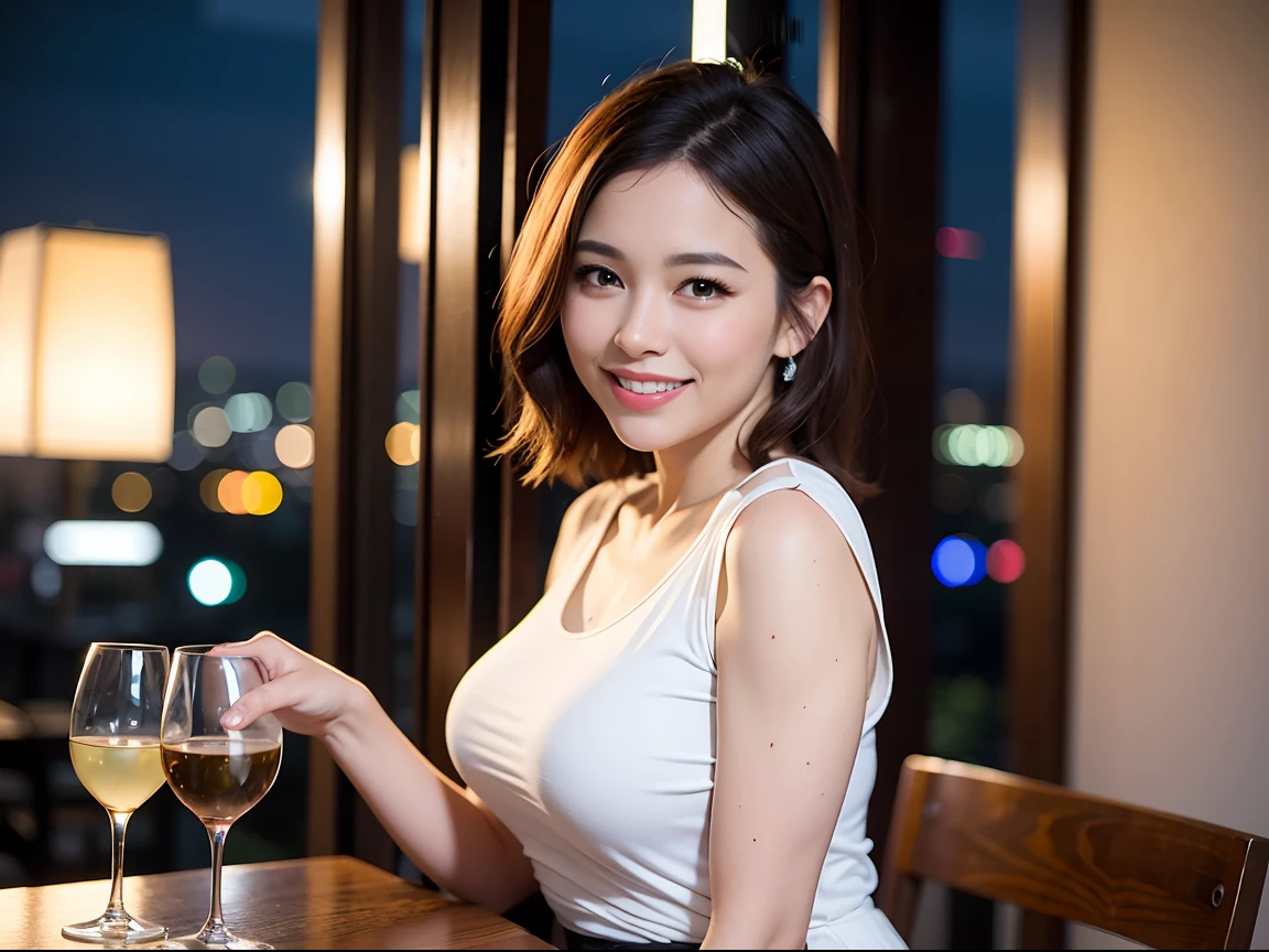 (64K, UHD, top quality, masterpiece: 1.2), (realistic, photorealistic: 1.37), super detailed, pretty woman 1 person, (slim face), (slim body), (brown hair), (short cut), cheeks slightly blushing, (42 years old), 38 years old, solo, beautiful detailed urban night view outside the window, restaurant, wine glasses sit, night, in a prominent place (from the waist up) NovaFrogStyle, Actress, Model, Waist Up, White Wine, Slim, Wine Glass, Super Clean Night View, Wine Glass Put in the Middle, Happy Smile, (Smile: 1.15), Beautiful Fine Eyes, Upper Body, Bust Japan Up, Night, Short, Short, Actress, Model, Waist Up, White Wine, Slim, Wine Glass, Super Clean Night View, Wine Glass Put in the Middle, Happy Smile,