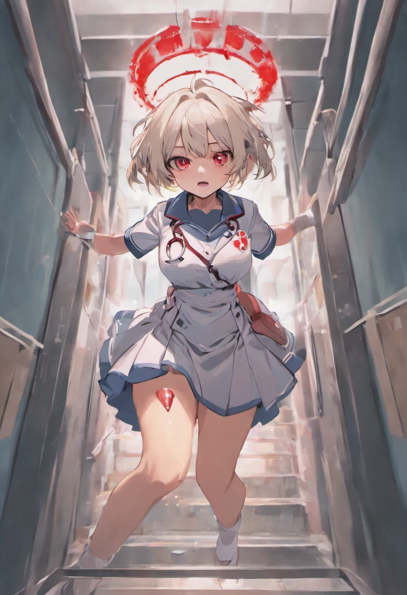 masterpiece, highest quality, highest detail, 1 girl, BREAK, horror, (Small injured girl, blood, bleeding, injury), Shining white hair, jewel-like red eyes, anime highlight eyes, (Nurse uniform: 1.4), (White tight miniskirt: 1.2), White pantyhose, scarred clothes, dirty clothes, bloodstained clothes, scarred skin, battle damage, bandaged arms, bandaged legs, (Yandere:1.2), BREAK, The background is a modern hospital, a collapsed hospital, BREAK, full body, movie lighting, action movie poster, dynamic, beautiful girl action actor, motion blur, depth of field, 35mm, Sony FE, 1girl,