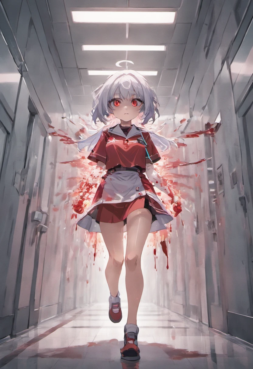 masterpiece, highest quality, highest detail, 1 girl, BREAK, horror, (Small injured girl, blood, bleeding, injury), Shining white hair, jewel-like red eyes, anime highlight eyes, (Nurse uniform: 1.4), (White tight miniskirt: 1.2), White pantyhose, scarred clothes, dirty clothes, bloodstained clothes, scarred skin, battle damage, bandaged arms, bandaged legs, (Yandere:1.2), BREAK, The background is a modern hospital, a collapsed hospital, BREAK, full body, movie lighting, action movie poster, dynamic, beautiful girl action actor, motion blur, depth of field, 35mm, Sony FE, 1girl,