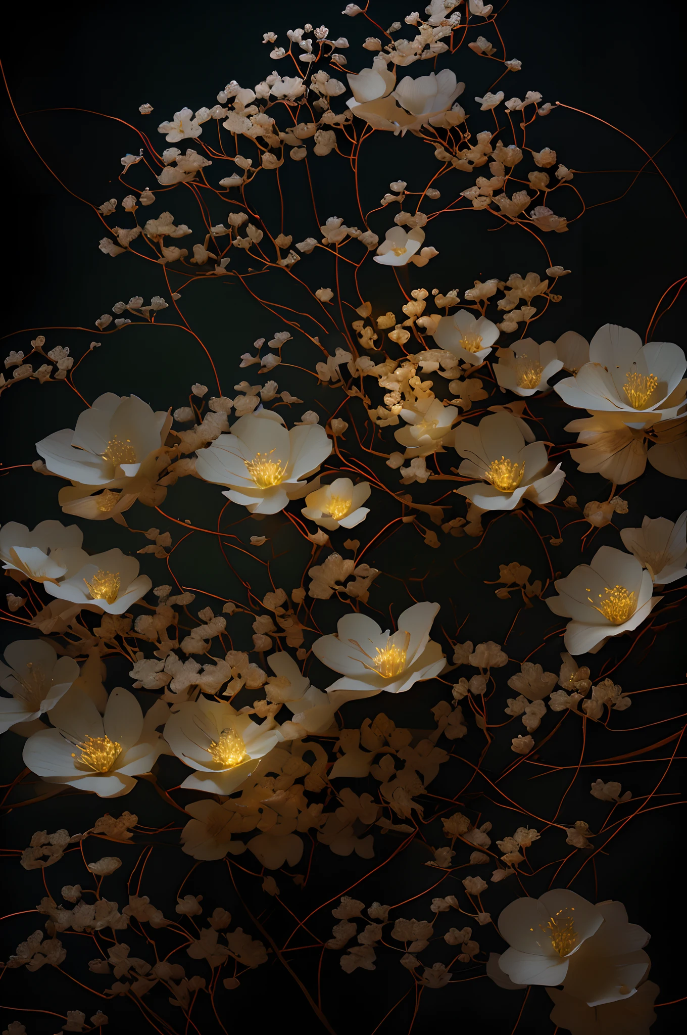 01_(artistic masterpiece), (highest quality image), (high-quality image), (digital painting), (digital painting), ((Cherry blossoms, close-up, long stems, wide buds)),( Mystical- Unusual cherry blossoms, arranged according to composition). Large, juicy, white buds, red stems, ((magic Glow)), ((3D painting, digital painting, high skill)), the best works of digital painting, high detail elements, background - wide stroke. Fantastic patterns - ornaments decorate, green stems. Magic and cyberpunk mixed together. Warm range of colors, contrasting light with cold side lighting, expressing volume and shape, high-quality 3D visualization, render, masterpiece. highest quality, skull bone background.
02_Light from the side, mystical frame. Best quality, unreal engine, | Ultra HD | Full HD, high detail. Imitation graphics, artistic style. (bright evening lighting, warm light, sharp focus, 8K). Highly detailed textures, fabric, metal, and bone. The grain of the film, the shine on the stems, the humid air, the contrast of cold shadows and warm golden light, the whirlwinds of dead souls.