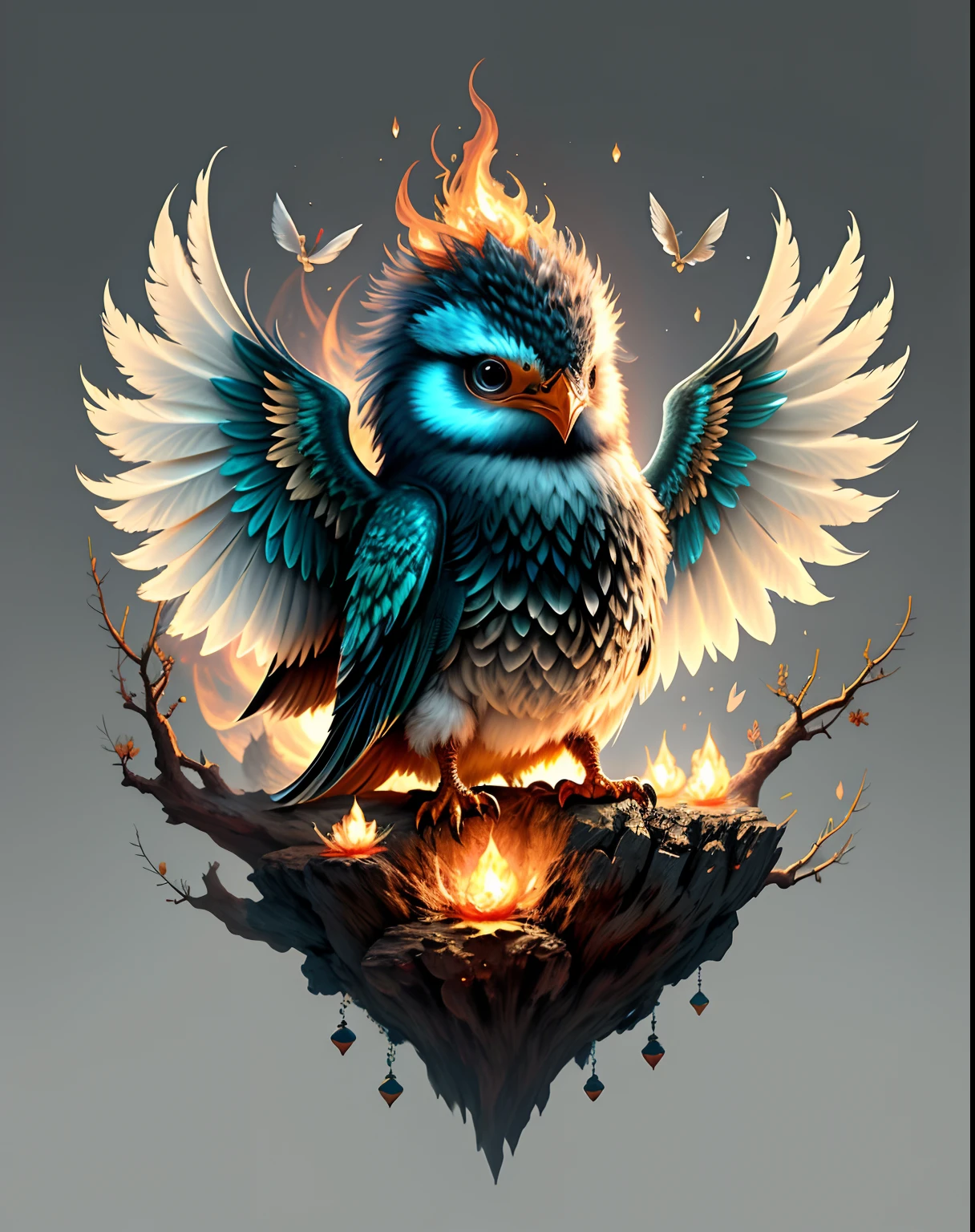 Top image quality、"Create cute creature masterpieces with inspired ultra-detailed concept art. Let your imagination come alive", ((Immortal birds))、（phoenix）、（fengxi）, high detailing, in 8K、Top image quality、jump up、uses magic、The background is the magic of fire