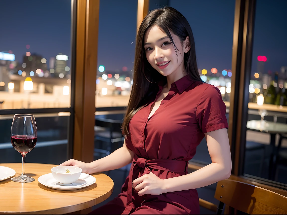 (64k uhd、nffsw、top-quality、​masterpiece:1.2)、(realisitic、Photorealsitic:1.37)、Beautuful Women、Woman with good posture、japanes、Italian woman、French woman、A beautiful woman with a nice smile、Pretty women、(Slim Faces)、(Slim body)、（brawn hair）、(short-cut)、Short sleeved shirt、Neat and clean dress、Suits、Half Beauty、Longhaire、Wine Party、(42 year old)、44 years old、Wine lover、enjoying a glass of wine、Beautiful detailed urban night view outside the window、resturant、Have a glass of wine、Italian food on the table、(from waist up)、Beautuful Women、Beauty Witch、date、(A smile:1.15)、Beautiful fine eyes、Sitting on a chair、natta、(short-hair:1.2)、Float NovaFrogStyle、女優、modeled、from waist up、wine bottle、white wine、Slimed、wine glasses、red wine、Happy smile、Super Blessed