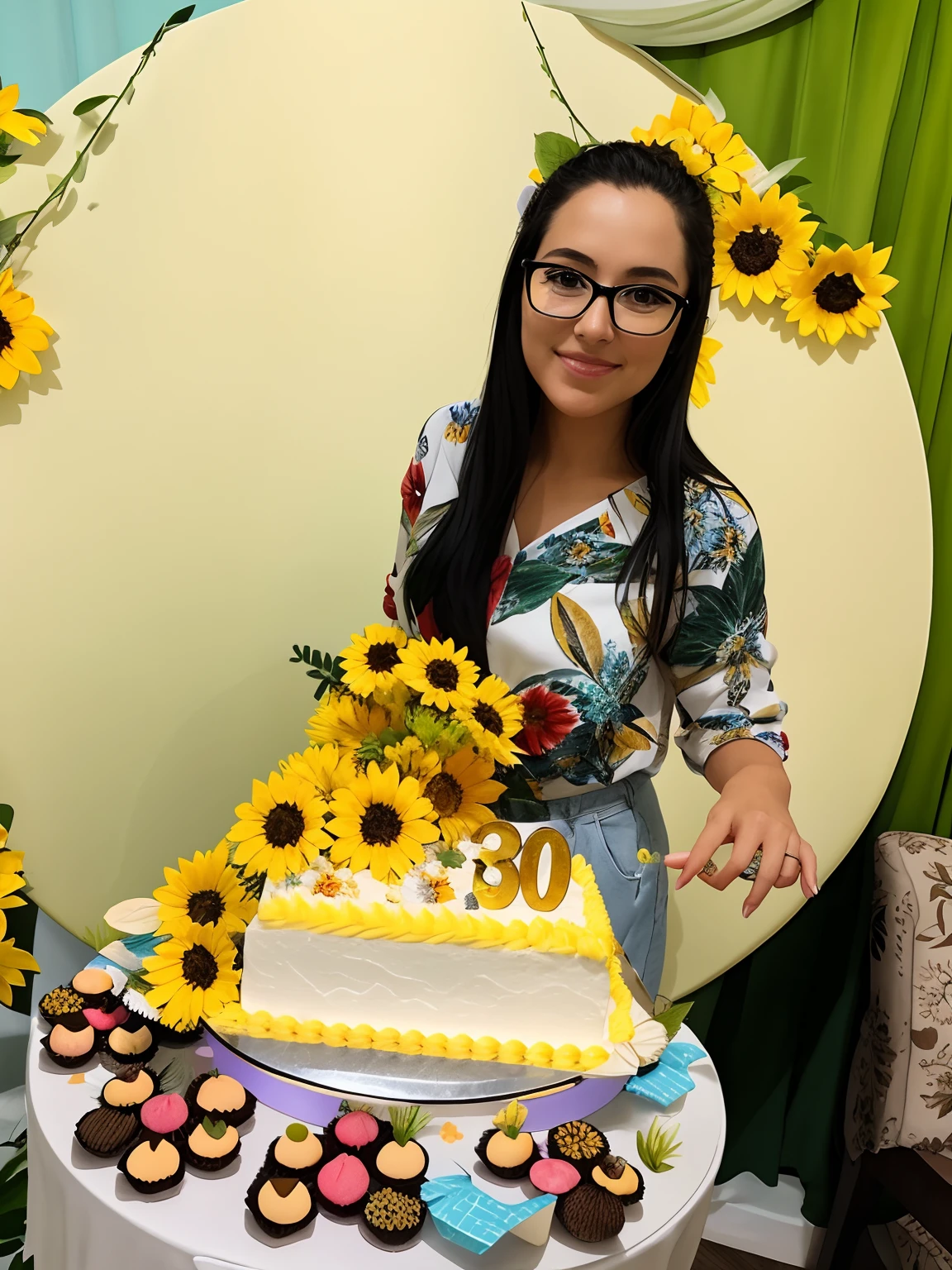 Woman standing in front of a cake with sunflowers on it, 🐿🍸🍋, he is! cerca de 3 0 anos de idade, she is 2 3, holding a birthday cake, Directed by: Nandor Soldier, sunflowers in the background, ela tem cerca de 2 a 5 anos de idade, 😃😀😄☺🙃😉😗, 2 5 anos