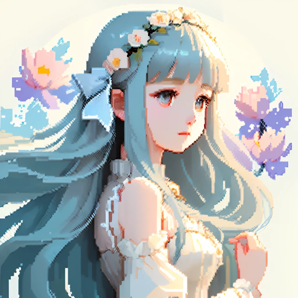 Pale light blue antique dress、Beige long-haired girl、Blunt bangs、profile、Pixel art、Pixel Art Illustration、pixels、Plain background、Upper body 、For icons、pixels_Art Book,Composition centered on the face、Straight face、Floral hair ornament、pixels、Game-style illustration、Pixel art、pixels、Light shading、Fluttering hair、Back hair fluttering in the wind、pixels、Pixel art