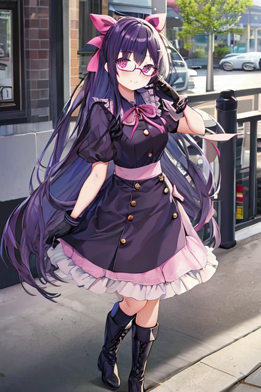 Full body girl with dark purple colored hair, straight long hair, pink eyes, wearing idol clothes, skirt, gloves, boots, a hair ribbon and glasses