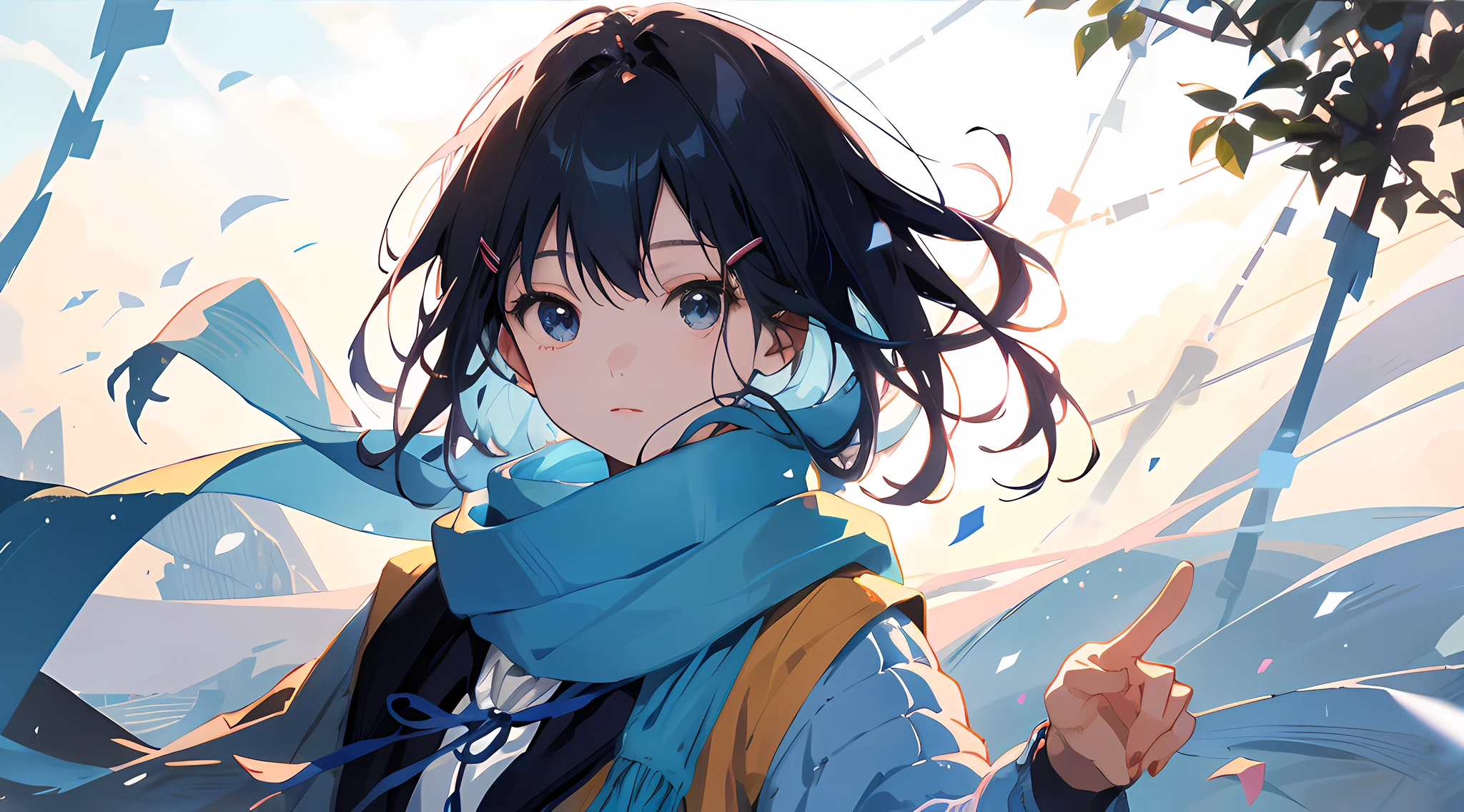 here is a woman with a blue scarf on her neck, lulu chen, rinko kawauchi, inspired by Ma Yuanyu, lofi girl, nanae kawahara, akiko takase, yasumoto oka, close-up portrait film still, eiko ishioka, chiho, gemma chen, louise zhang, kuvshinov ilya