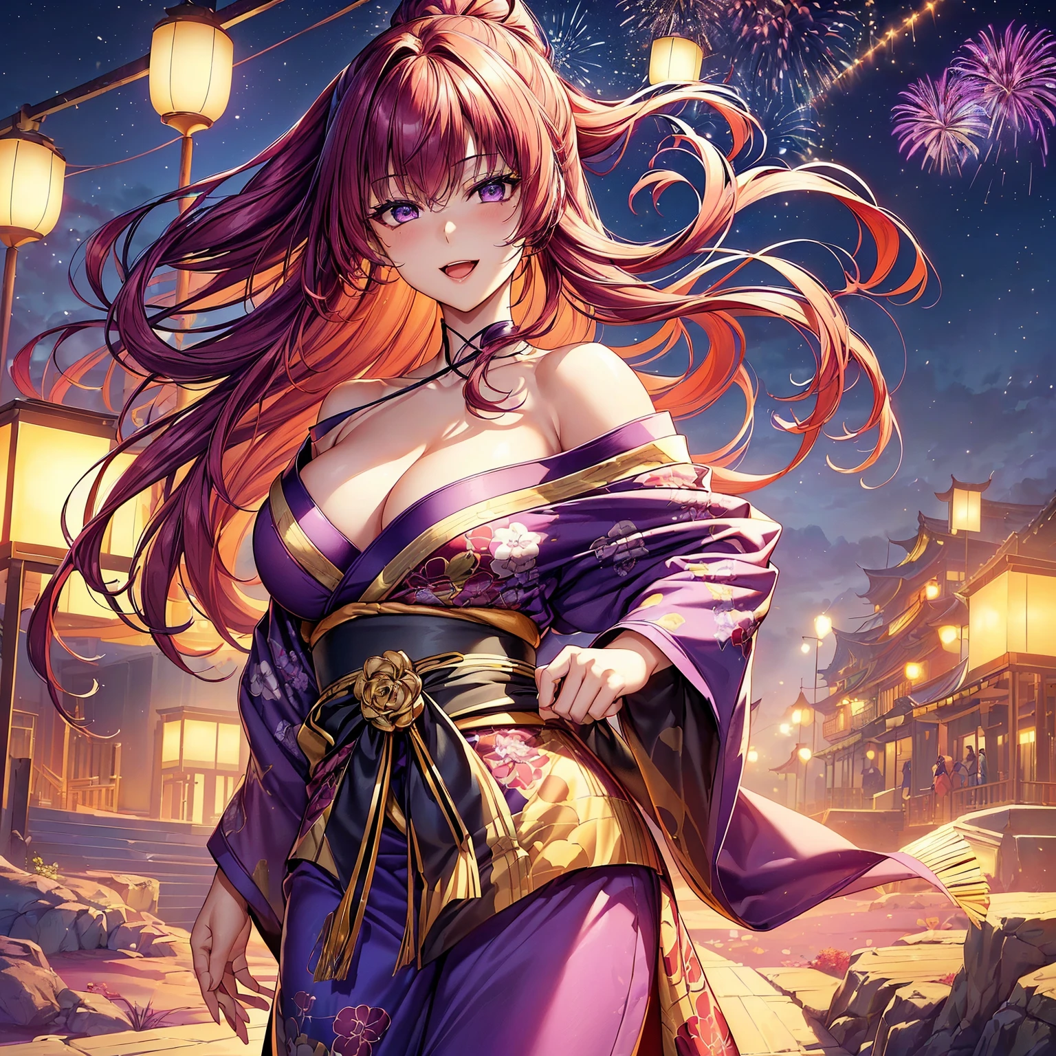 (top-quality、masterpiece、very high res、An ultra-high picture quality、High quality pixels)、(She is a mysterious and bewitching woman, And she is 18 years old,1 person,Single,独奏:1.5)、(She is a very beautiful woman with a beautiful face)、(Beautiful face written in detail,Beautiful body,Strong-willed eyes,Purple eyes,Beautiful red hair,Beautiful skin texture)、(Beautiful hair quality,Variety of hairstyles)、(She has a slender figure and her breasts are D cups)、(Bewitching look,lovely smile,Smile, Open mouth,),(Wearing a Japan kimono,Colorful Japan kimono,shoulders are exposed),(Beautiful fireworks in the night sky,Lanterns light),(model poses,modelshoot,Magazine shooting,Hair flutters under the influence of the wind),The wind is blowing、Beautiful Art Style, an animated character、(The whole picture、Detailed picture、accurate anatomy、Defect-free images、extremely detailed picture、Accurate images、Perfect Image 1.5)、(Best Shot Photo 1.2)