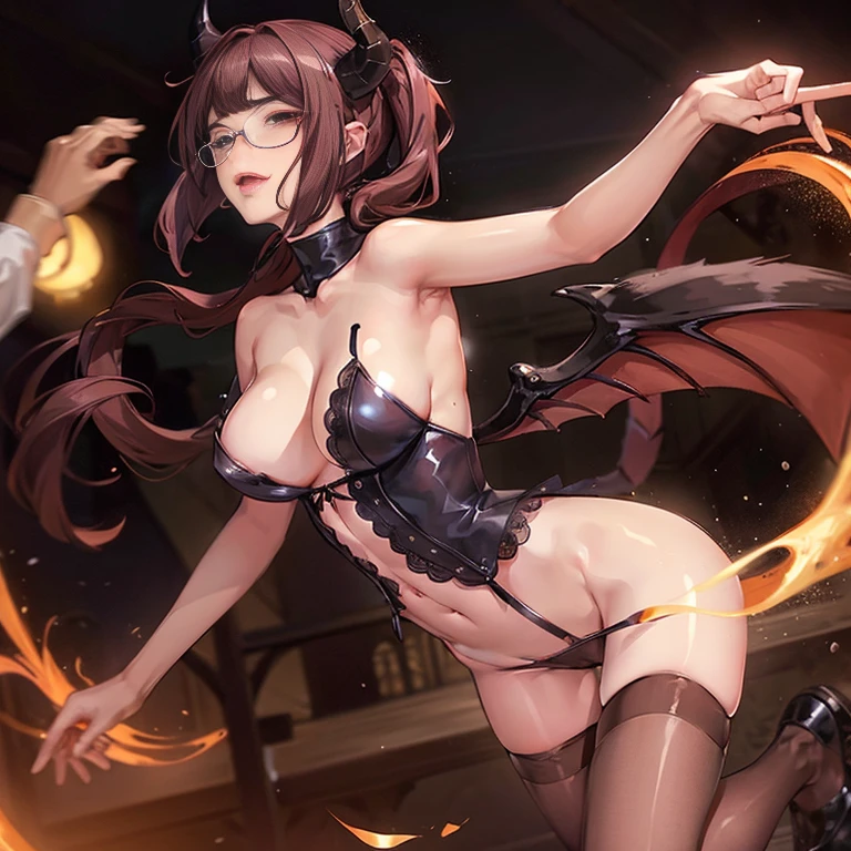 succubi, Symmetrical sheep's horns, Amber hair, hair between eye, eye glass,Lick lip,beautiful and delicate detailed face, Erotic lingerie, Lace, lacepantyhose, Demon's wings, Face the lens,with black background, The kinky is exposed, briefs exposed, legs separated, Lateral breast exposure, Lower body spray, chest baring, boobs exposed, Scratches, Vaginal opening,The best quality, Masterpiece, Very delicate and beautiful., Very detailed, CG, Unity, the wallpaper, astounding, Fine details, fully body photo, The best quality, illustration, illusory engine, Cinematic lighting, hyper HD, Super detail