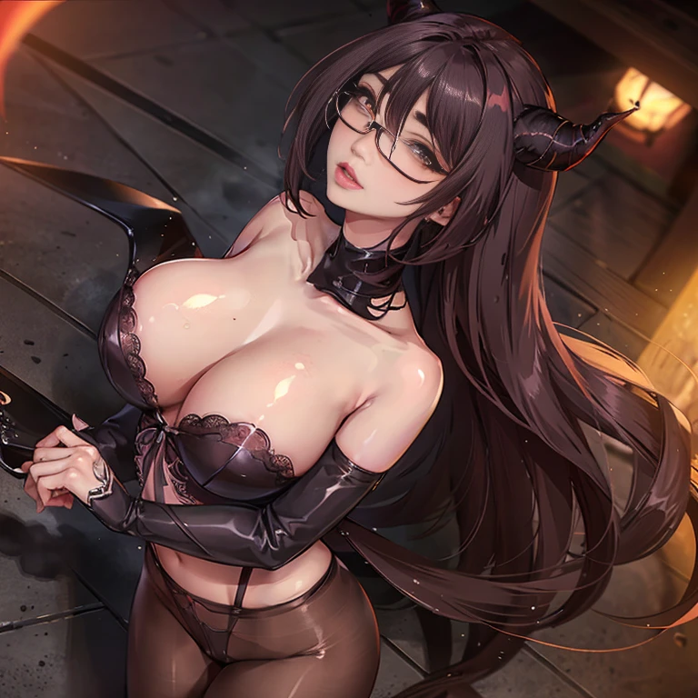 succubi, Symmetrical sheep's horns, Amber hair, hair between eye, eye glass,Lick lip,beautiful and delicate detailed face, Erotic lingerie, Lace, lacepantyhose, Demon's wings, Face the lens,with black background, The kinky is exposed, briefs exposed, legs separated, Lateral breast exposure, Lower body spray, chest baring, boobs exposed, Scratches, Vaginal opening,The best quality, Masterpiece, Very delicate and beautiful., Very detailed, CG, Unity, the wallpaper, astounding, Fine details, fully body photo, The best quality, illustration, illusory engine, Cinematic lighting, hyper HD, Super detail