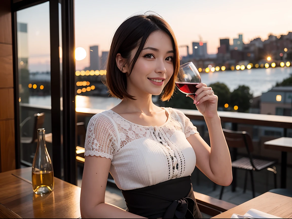 (64K, UHD, top quality, masterpiece: 1.2), (realistic, photorealistic: 1.37), super detailed, pretty woman 1 person, (slim face), (slim body), (brown hair), (short cut), cheeks slightly blushing, (44 years old), 38 years old, solo, beautiful detailed urban night view outside the window, restaurant, wine glasses sit, at night, in a prominent placeNovaFrogStyle, Actress, Model, Waist Up, White Wine, Slim, Wine Glass, Super Clean Night View, Wine Glass Put in the Middle, Happy Smile, (Smile: 1.15), Beautiful Fine Eyes, Upper Body, Bust Japan Up, Night, Short, Short, Actress, Model, Waist Up, White Wine, Slim, Wine Glass, Super Clean Night View, Wine Glass Put in the Middle, Happy Smile,