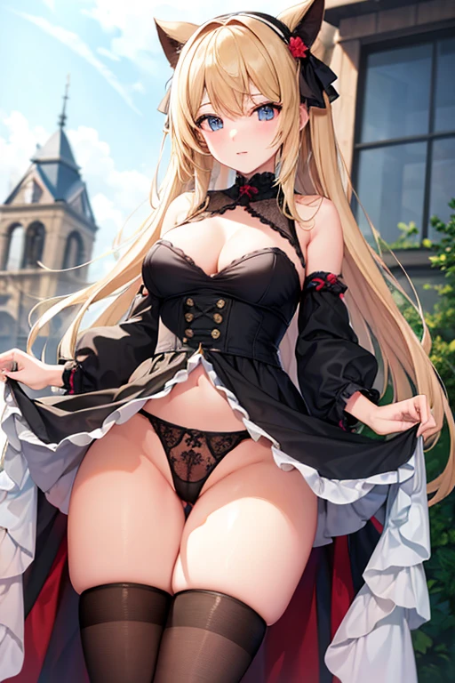 best quality, high_resolution, girl with a lustful face has her hips on the camera, the camera can see her panties