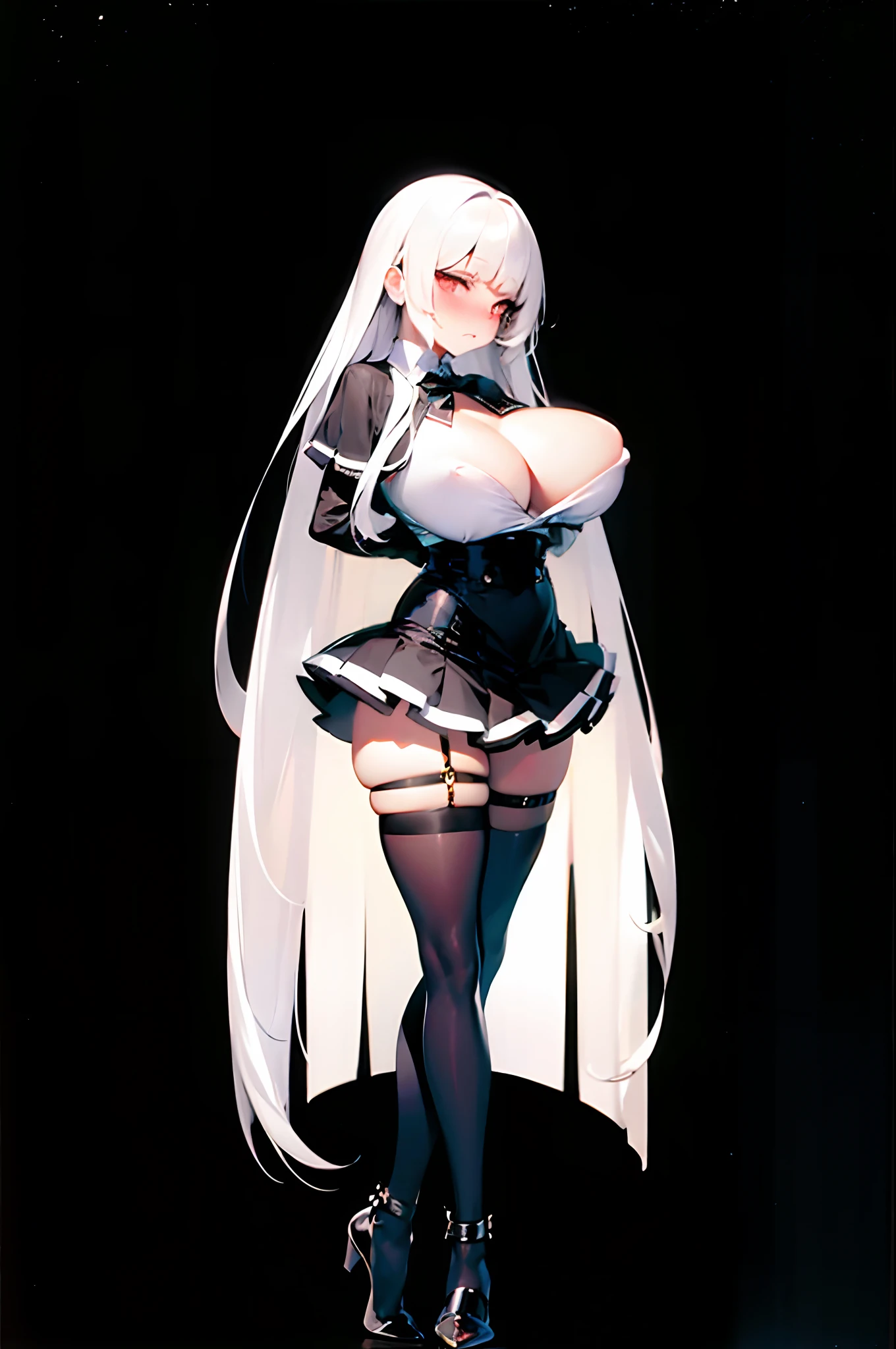 thin (cute :1.2) standing in forest, childish, (disproportionately (perky gigantic breasts:1.3) despite little child:1.1), (cleavage:1.3), (frilled white shirts with open chest wide), BREAK, large cute eyes, loli face, K, thin long legs, too thin waist, arms behind back, BREAK, (very long white straight hair:1.2), blunt bangs, BREAK, (long black thighhighs with white line), BREAK, short black capelet, short black high-waist skirt cinches waist tight, BREAK, looking at viewer, (nose blush:1.2)