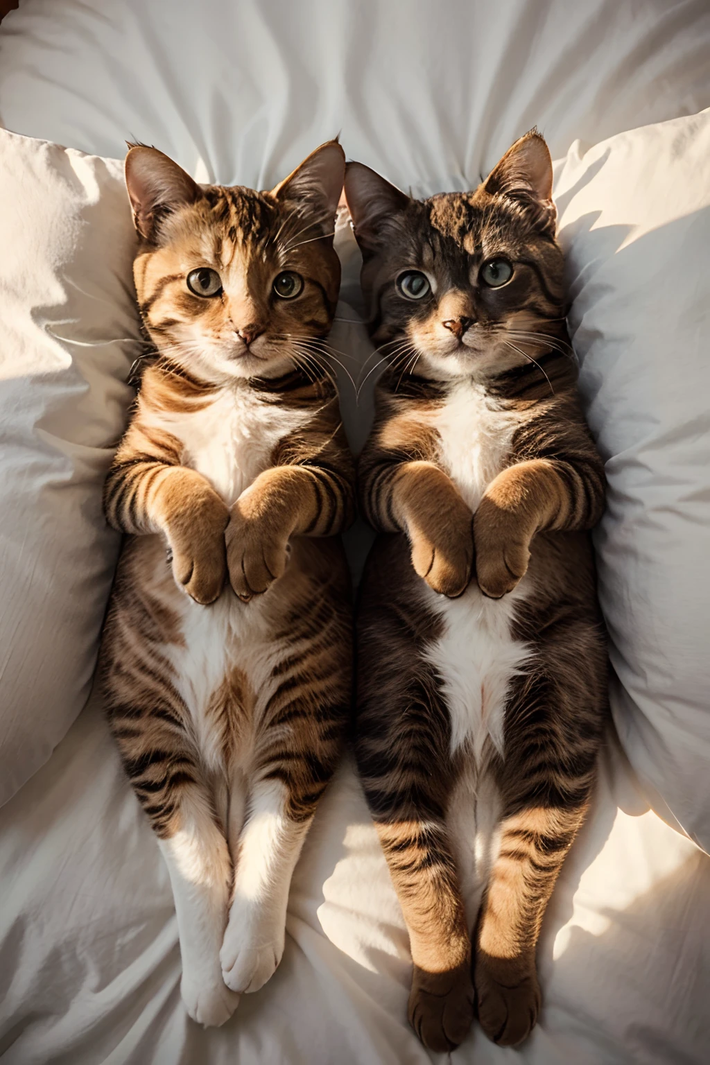 ultra detailed illustration of two cute cats lying in a bed cuddling,the cats form the shape of a heart,sunbeams,warm,love,art by Mschiffer,soft colors,top down view,
flower bouquet in claws,
