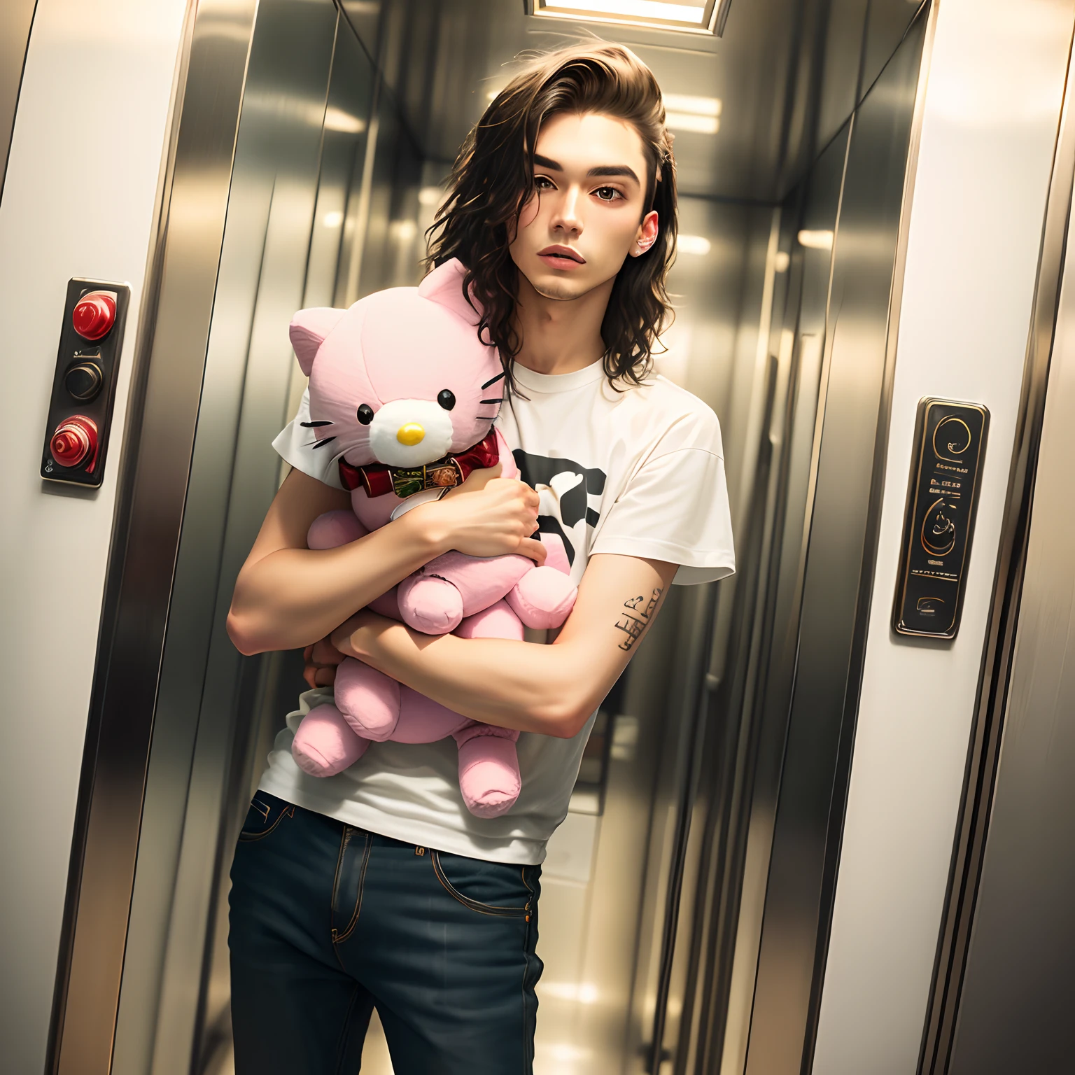 hyper realistic tokio hotel standing in elevator holding hello kitty stuffed animal fisheye
