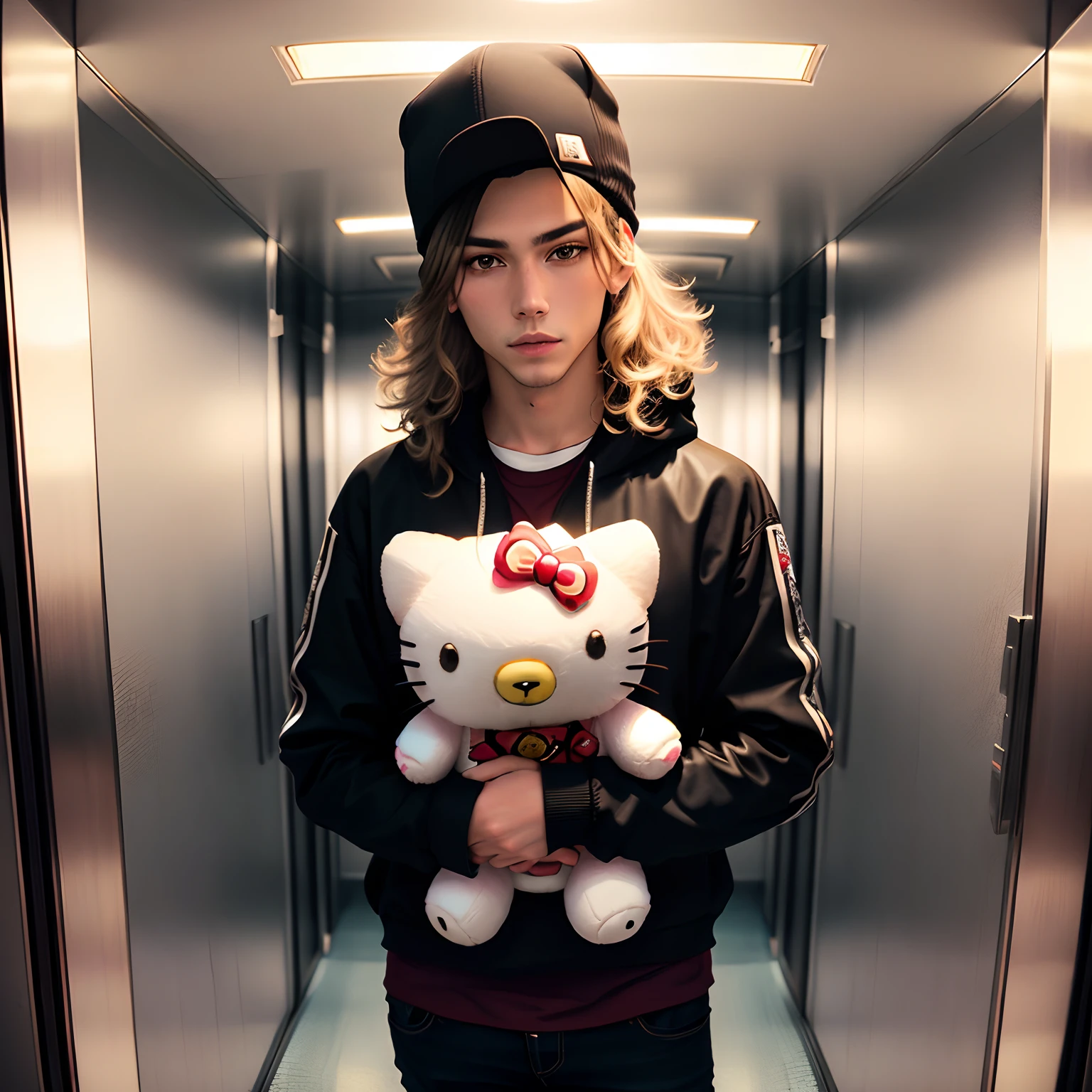 hyper realistic tokio hotel standing in elevator holding hello kitty stuffed animal fisheye