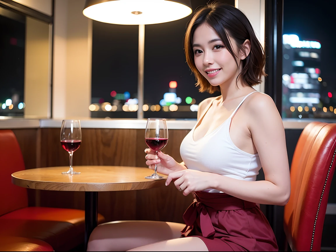 (64K, UHD, top quality, masterpiece: 1.2), (realistic, photorealistic: 1.37), super detailed, pretty woman 1, (slim face), (slim body), (brown hair), (short cut), cheeks slightly blushing, (40 years old), 38 years old, solo, beautiful detailed urban night view outside the window, restaurant, wine glass sitting, at night, in a prominent place (from the waist up) NovaFrogStyle, Actress, Model, Waist Up, White Wine, Slim, Wine Glass, Super Clean Night View, Wine Glass Put in the Middle, Happy Smile, (Smile: 1.15), Beautiful Fine Eyes, Upper Body, Bust Japan Up, Night, Short, Short, Actress, Model, Waist Up, White Wine, Slim, Wine Glass, Super Clean Night View, Wine Glass Put in the Middle, Happy Smile,