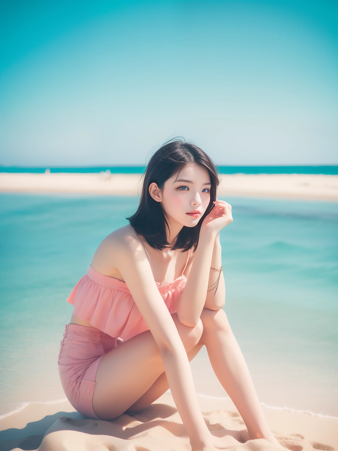 Beautiful girl sitting on the beach, aesthetic vibes, pink foto filter, aesthetic beach, lofi