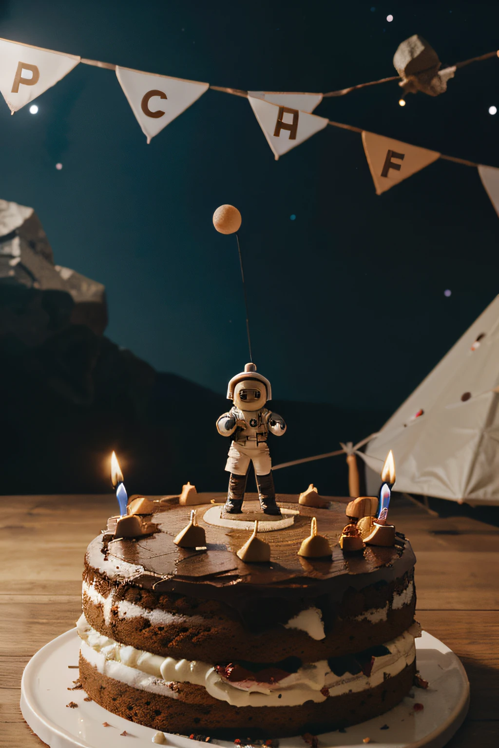 Birthday cake with a candle in the shape of an astronaut holding up an asteroid in the right hand and in the left a pennant with the number 7