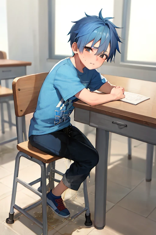 e boy, Blue hair and brown eyes, Blue and black clothes, ((pee stain)), Sad, When taking the exam,sitting on a stool