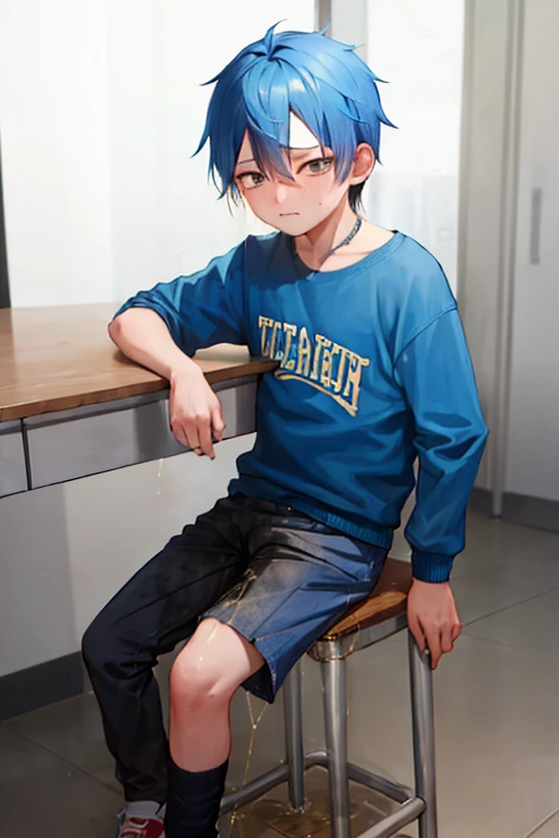 younge boy, Blue hair and brown eyes, Blue and black clothes, ((pee stain)), Sad, When taking the exam,sitting on a stool