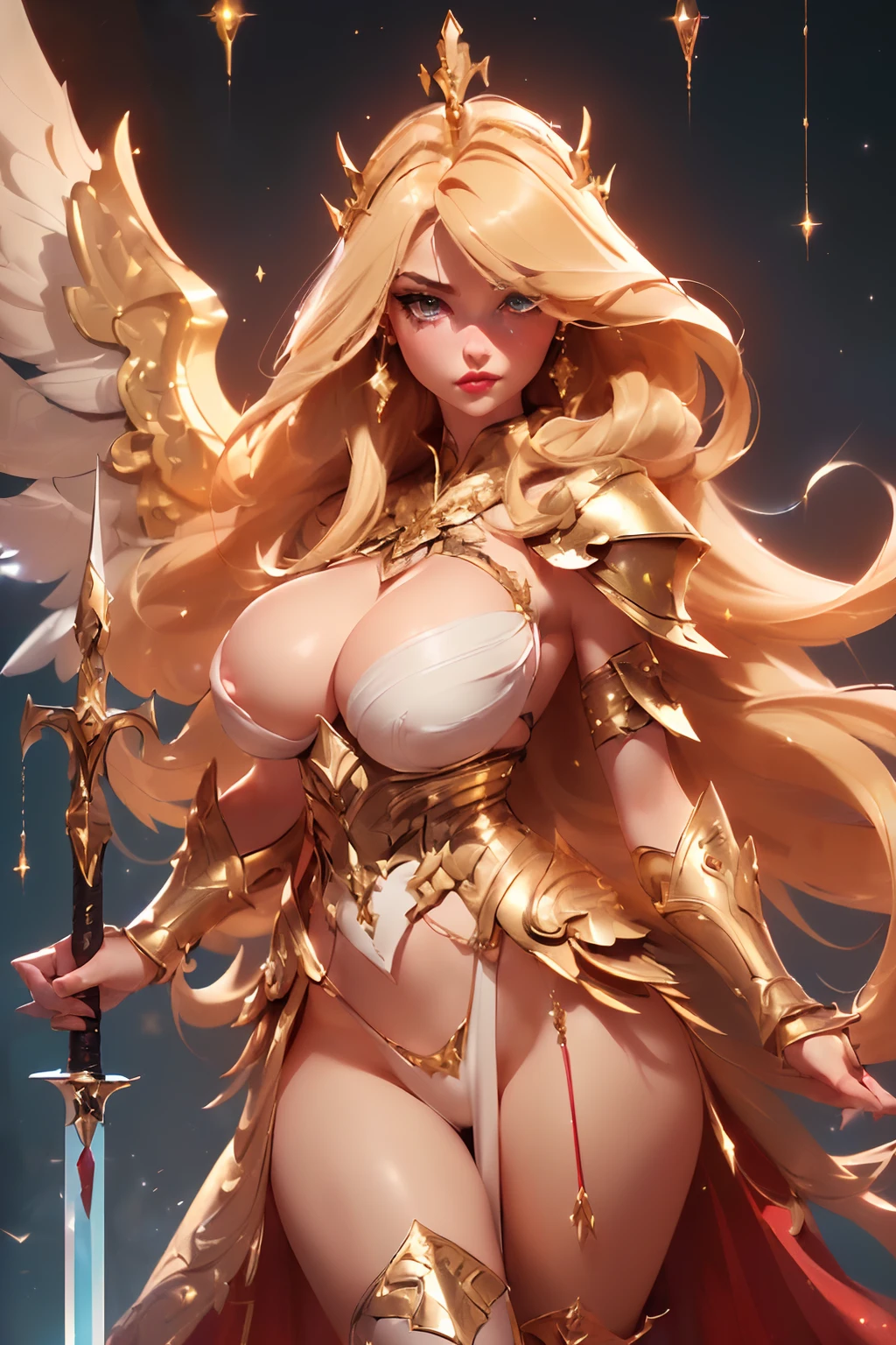 ((sexy tall supermodel)) ((beautiful face)) (red lipstick) ((big bright eyes)) ((very long blonde messy hair with long bangs covering one eye)) ((pale skin)) ((very huge breast:1.5)) (perfect body:1.3) ((wears tiny string thong)) ((sexy gold armour, big metallic wings ornamented with gold)) ((fantasy stocking, long boots, gauntlets, crown, backside half skirt))((wield magic long sword)) ((sexy supermodel posing inside photo studio for camera epic photoshoot, light of reflector over her, fantasy decoration, magic crystals))(high resolution, dynamic shadows)((photorealistic:1.5)) ((masterpiece:1.3)) (8k) (perfect face) (best quality) (perfect hands and eyes)