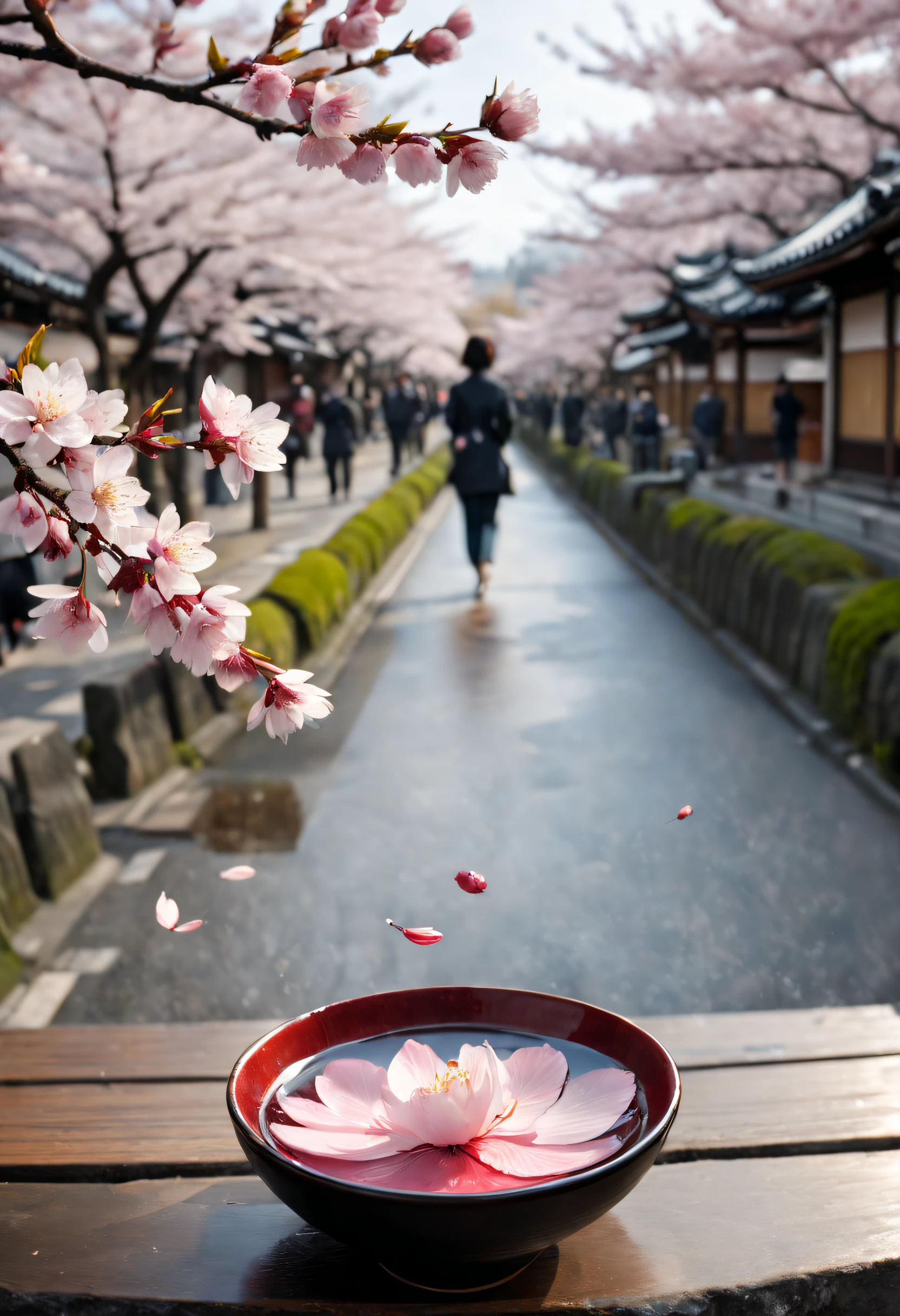 A cherry blossom petal floating on the surface of the sake cup held by a woman sitting on a bench, people walking on the road in the background,