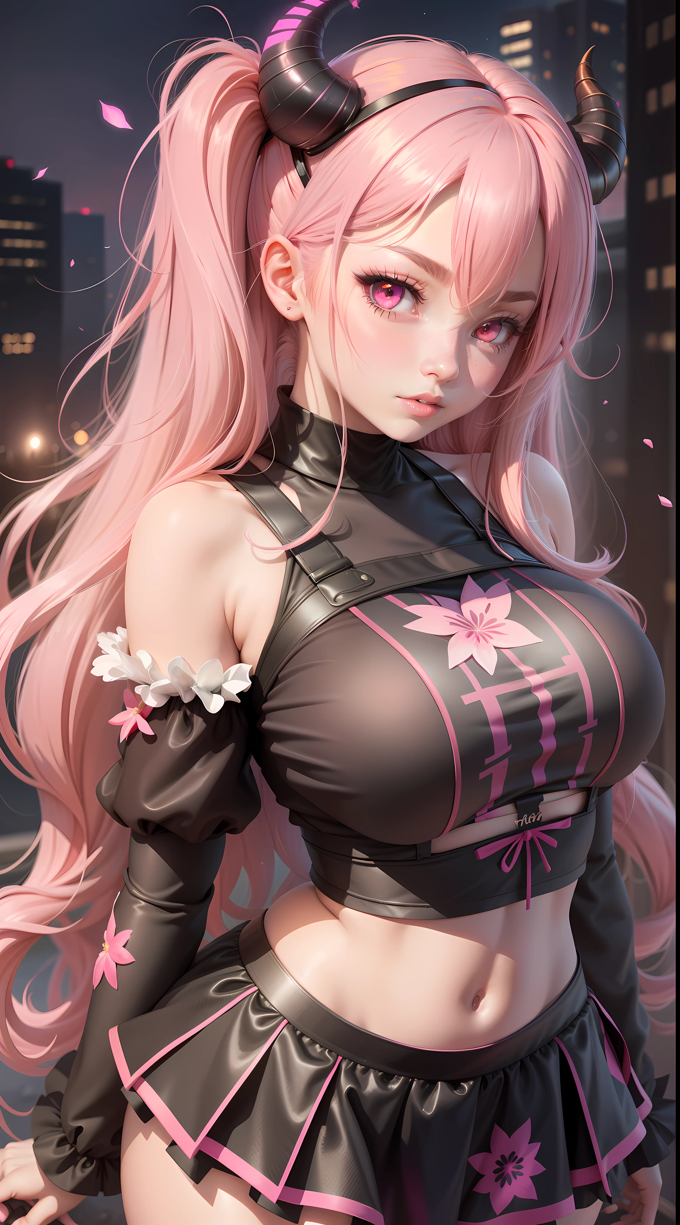 black horns, twin tails, large breasts 1girl, pink hair, pink eyes, glowing eyes, crop top, skirt, parted lips, blush, night, flowers, sun, sunlight,