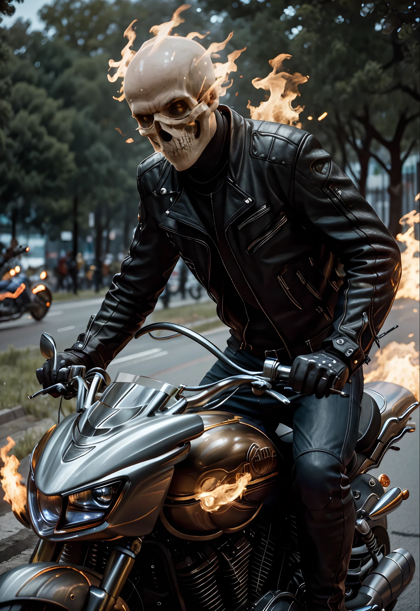 um close up de uma pessoa pilotando uma motocicleta com chamas, Motoqueiro Fantasma, trending on ArtStation.', badass composition, Ceifador Sombrio Flamejante, flaming skull, 8K altamente detalhado, Wojtek FUS, inspirado em Rudy Siswanto, Diretor: Tiago Gurney, cg arte, foto de capa, fires!! olhar hiper-realista