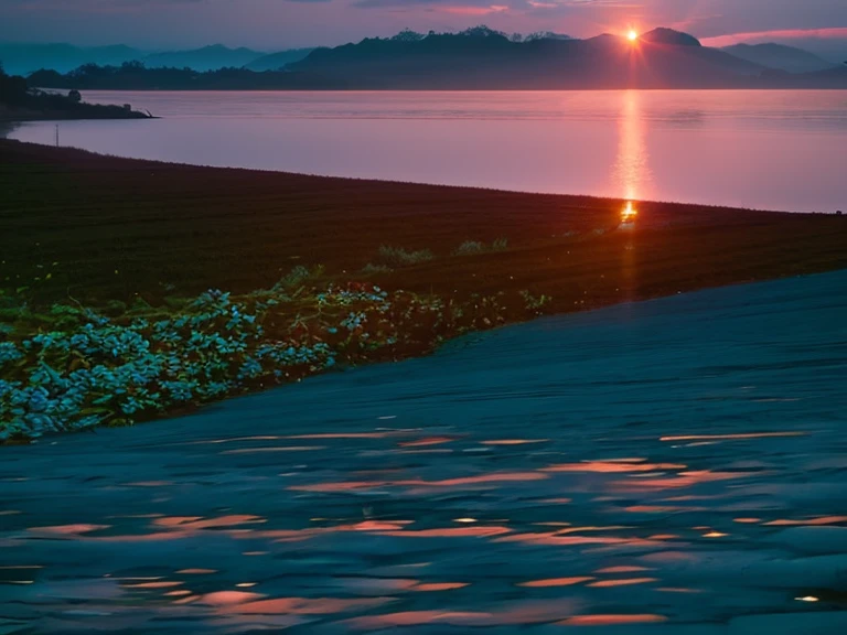 landscape, blue field, grass, sunset, 1 stone