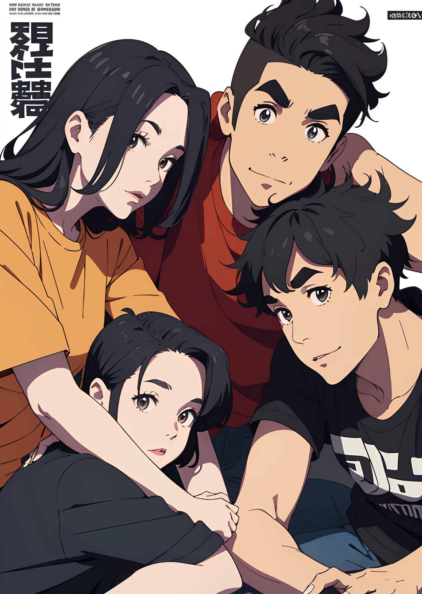 Studio Ghibli Style: picnic at park, man: square shape face, 6 feet tall, black hair, shaved down sides of head, black t-shirt, defined arm muscles, bangs cover half forehead swoop left to right, thick eyebrows, big lips, dimples, brown eyes. the woman: brown hair and eyes, defined curly hair, pink t-shirt black jeans, thick eye lashes, round face shape, 5 feet 5 inches tall, chubby body slim round face, studio ghibli style