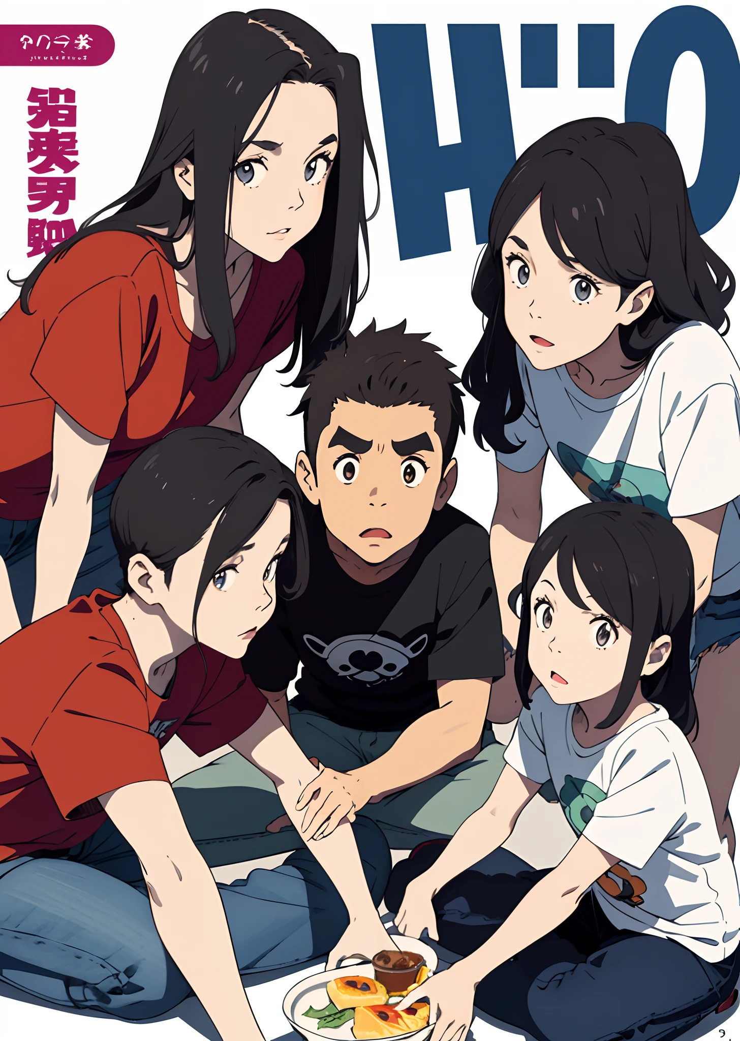 Studio Ghibli Style: picnic at park, man: square shape face, 6 feet tall, black hair, shaved down sides of head, black t-shirt, defined arm muscles, bangs cover half forehead swoop left to right, thick eyebrows, big lips, dimples, brown eyes. the woman: brown hair and eyes, defined curly hair, pink t-shirt black jeans, thick eye lashes, round face shape, 5 feet 5 inches tall, chubby body slim round face, studio ghibli style
