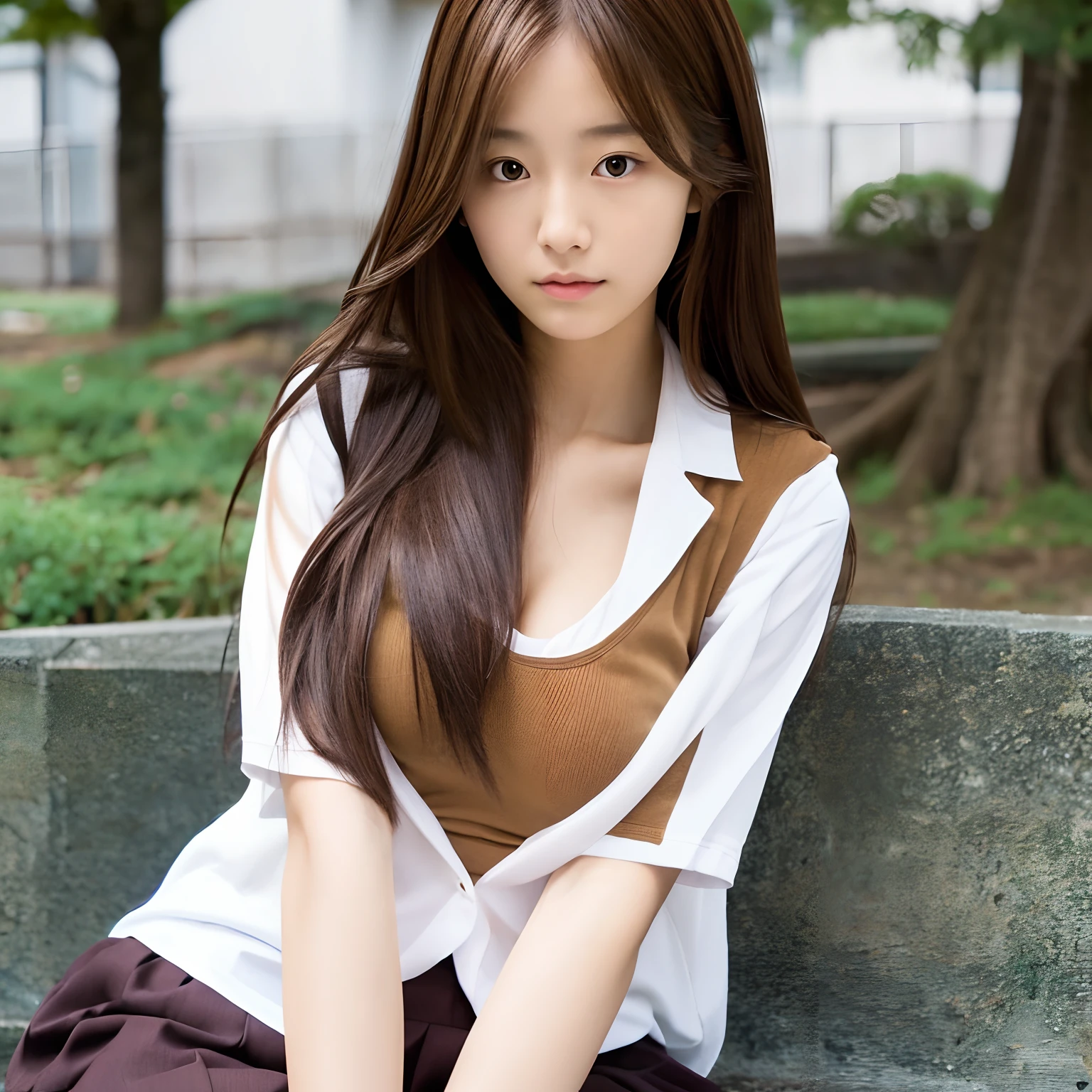 Long hair, Woman, student clothes, slender, brown-haired, japanes,Exposed bare skin,show breast,Slouched,