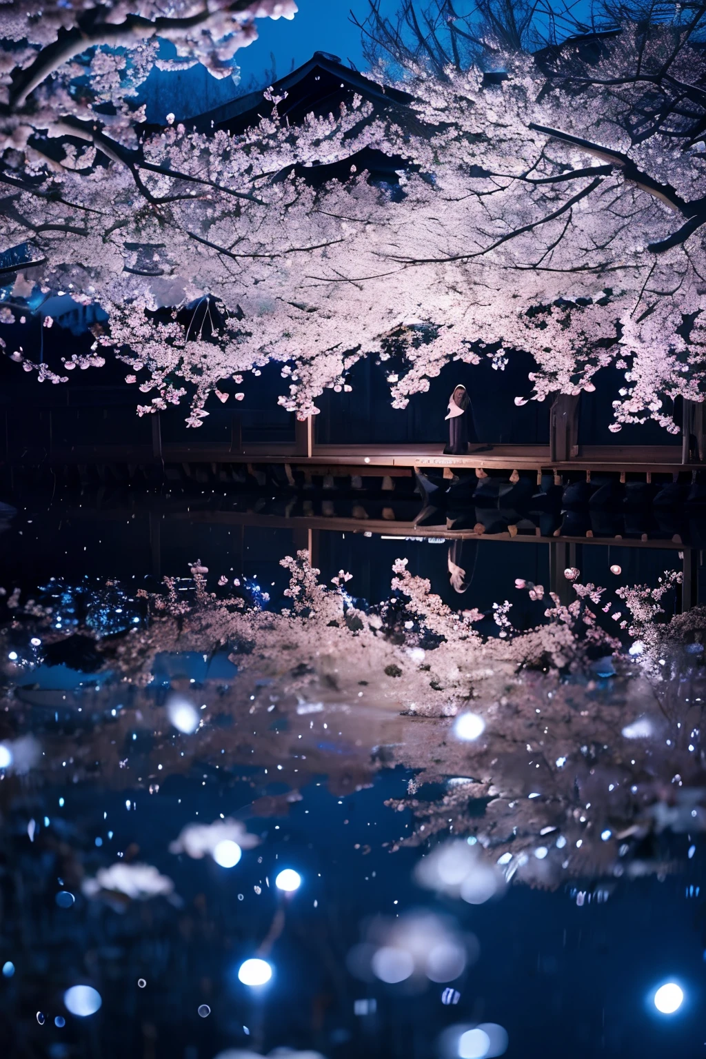 snowflakes, moonlight, peaceful atmosphere, cherry blossom storm