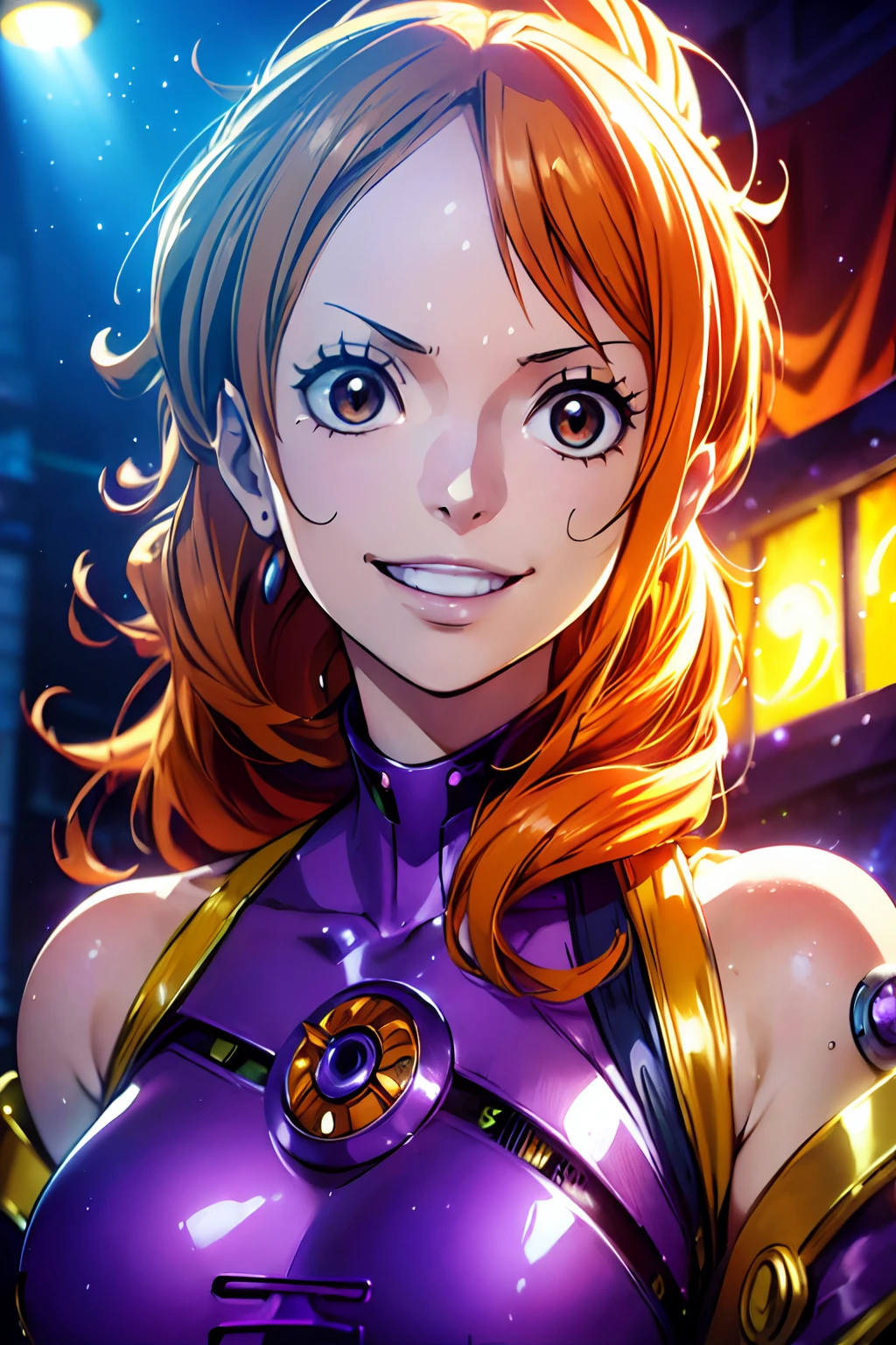 Nami from One Piece, orange  hair, beautiful brown eyes , smiling ((wearing purple cyborg themed cloth)),  (futuristic cyborg surrounding) (best quality, 4k, 8k, highres, masterpiece:1.2), ultra-detailed, and (realistic, photorealistic,  HDR, UHD, studio lighting, ultra-fine painting, sharp focus,
