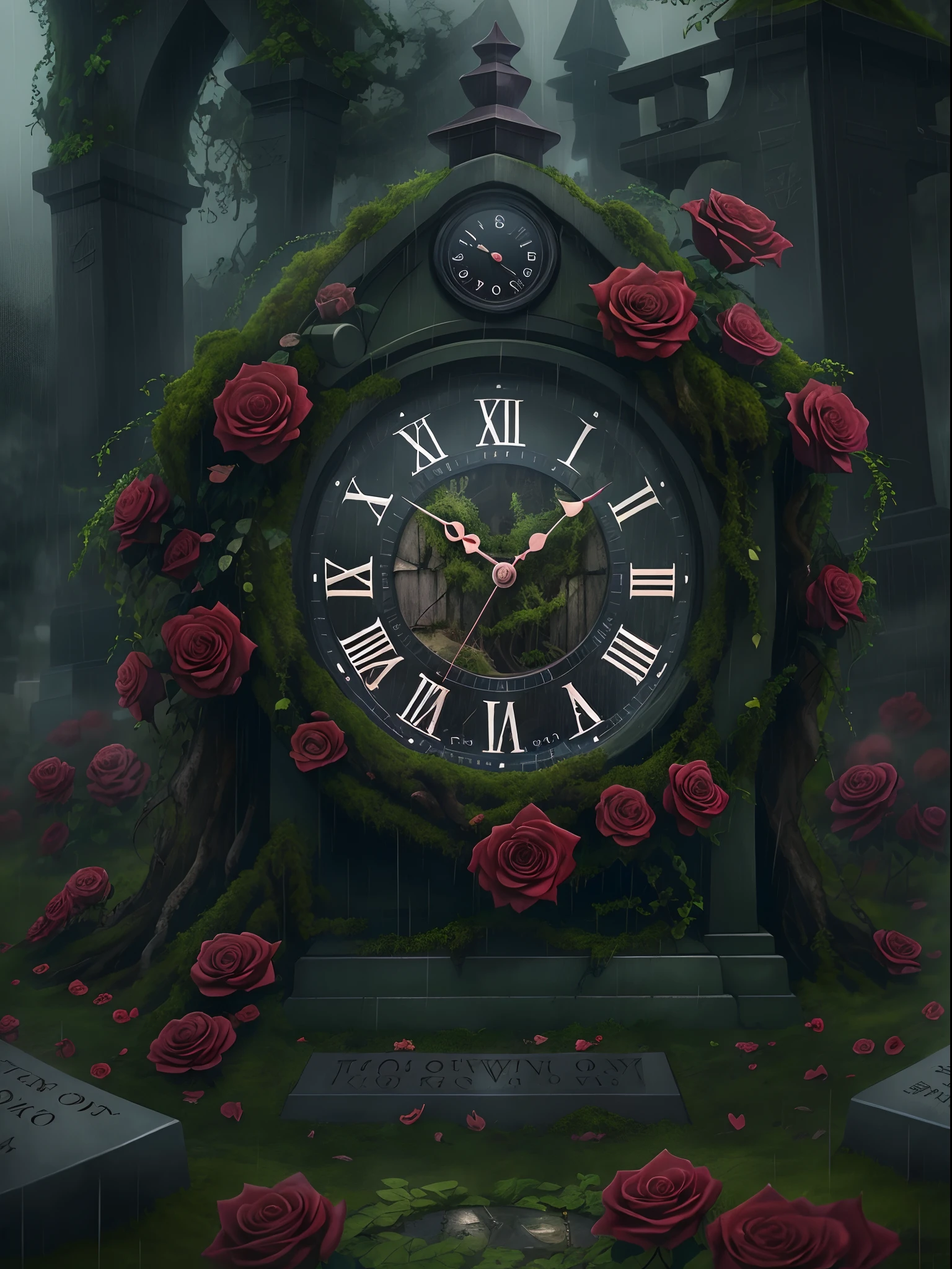 (A high resolution,Realistic,Horror,landscape,Dark,Creepy,Mystery,Ominous),(mechanical clock。There is a huge clock in the cemetery,Delicate dial。)There are vines wrapped around it。Many red roses are entwined。There are crows resting on tombstones。rainy evening,moss,Global illumination。k hd。