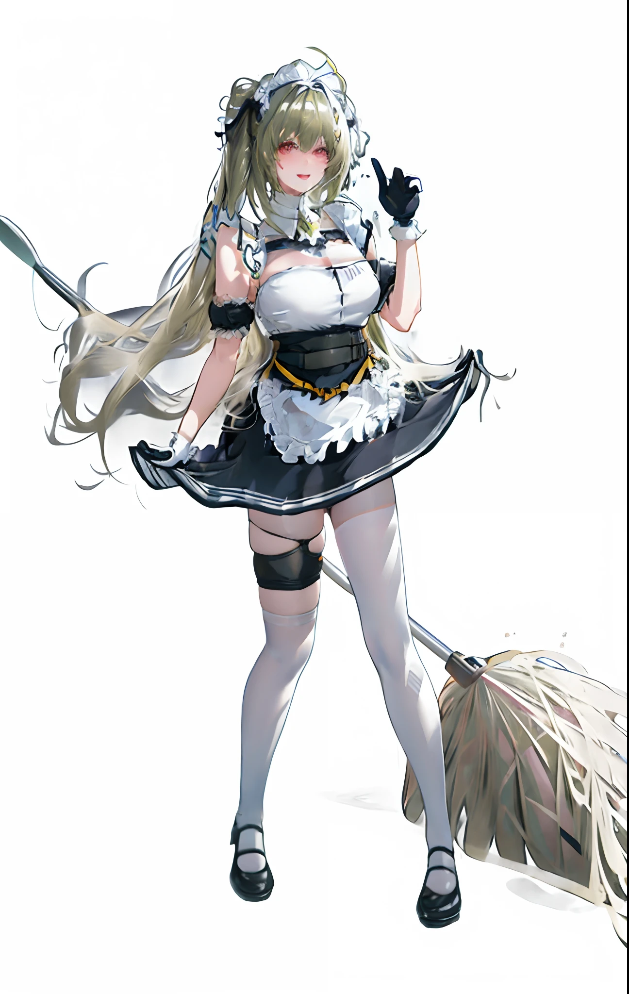 a woman in a maid outfit holding a broom and a mop, from girls frontline, anime maid  ss military, fine details. girls frontline, anime maids riding early tanks, anime girl in a maid costume, gorgeous maid, from arknights, girls frontline style, ahegao, girls frontline cg, best anime 4k konachan wallpaper, top rated on pixiv, cafe background