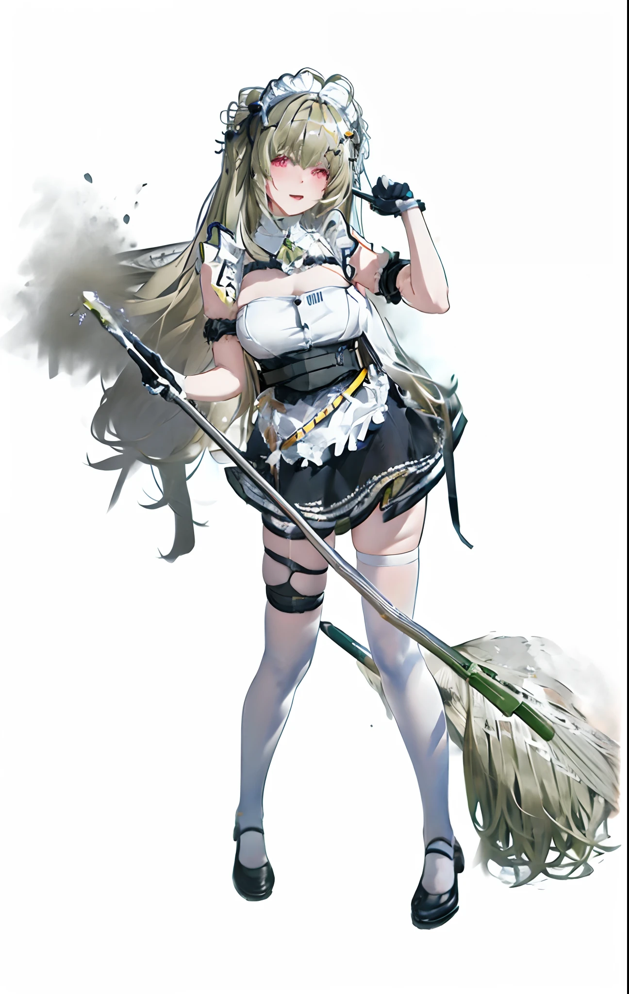 a woman in a maid outfit holding a broom and a mop, from girls frontline, anime maid  ss military, fine details. girls frontline, anime maids riding early tanks, anime girl in a maid costume, gorgeous maid, from arknights, girls frontline style, ahegao, girls frontline cg, best anime 4k konachan wallpaper, top rated on pixiv, cafe background