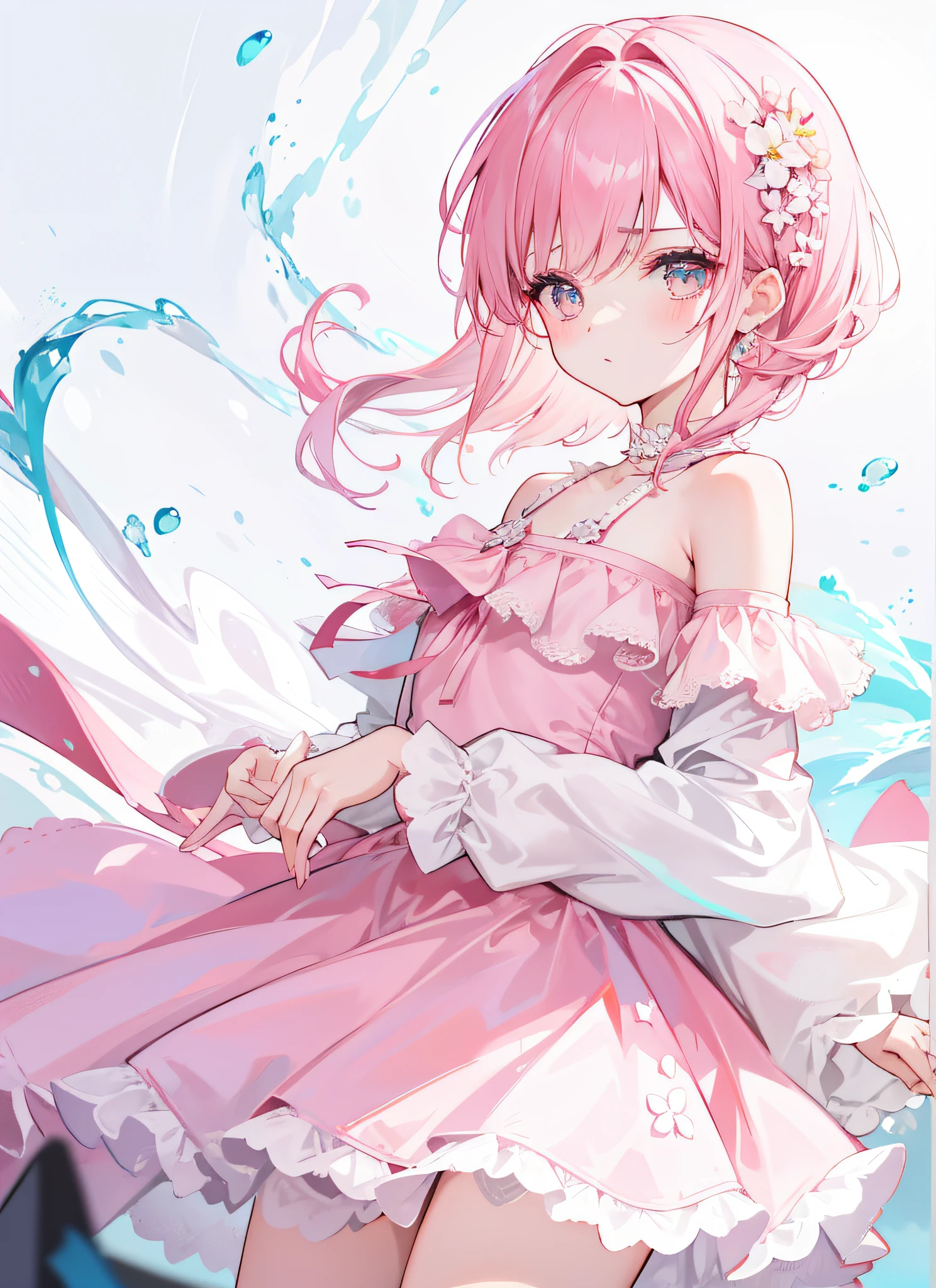 Short off-shoulder hair in pink and white,Scallop White Floral Dress,Dignified and wonderful teacher, Beautiful Girl