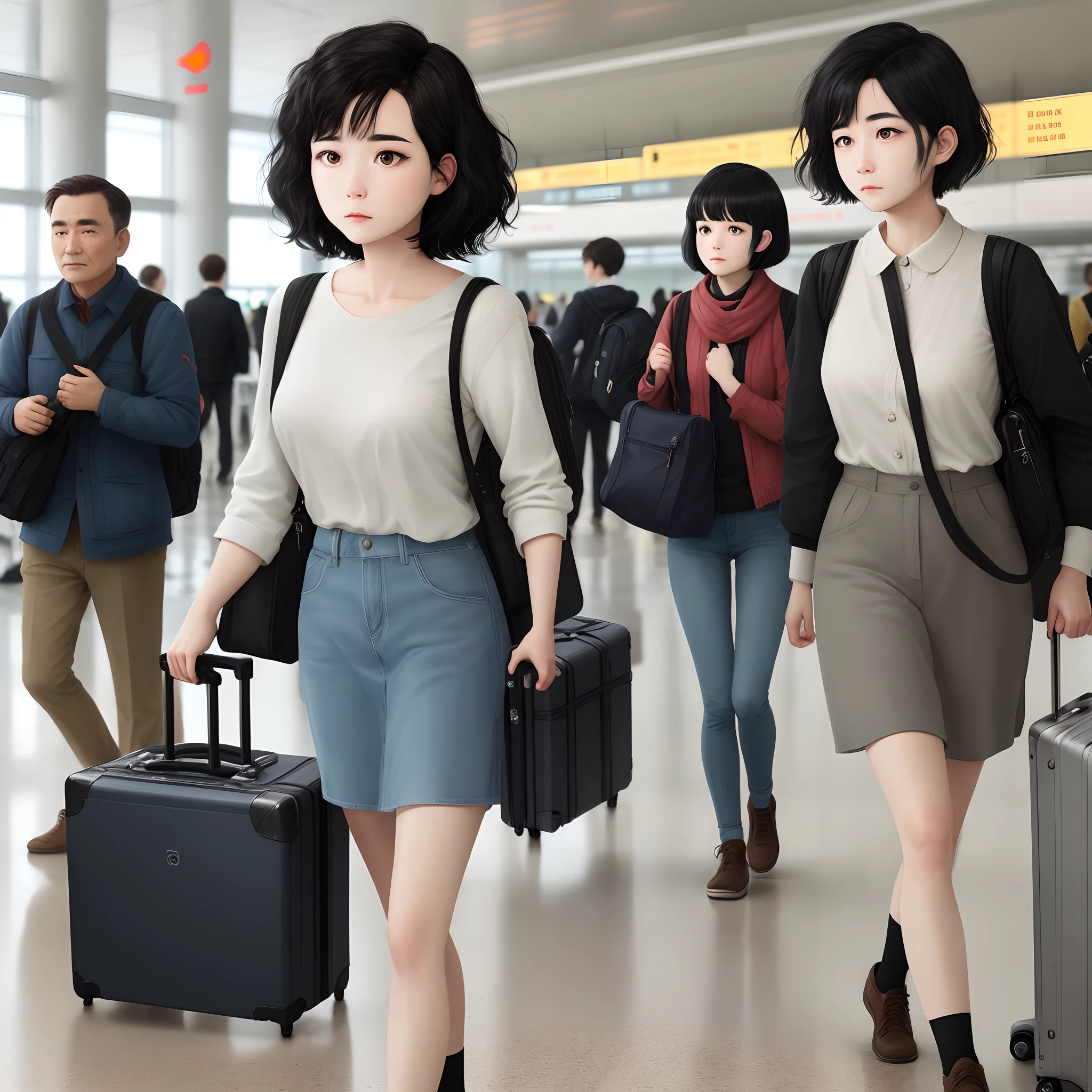A real-life appearance. Of a woman with short wavy black hair. And rounded face and dark eyes. Holding a suitcase at the airport.