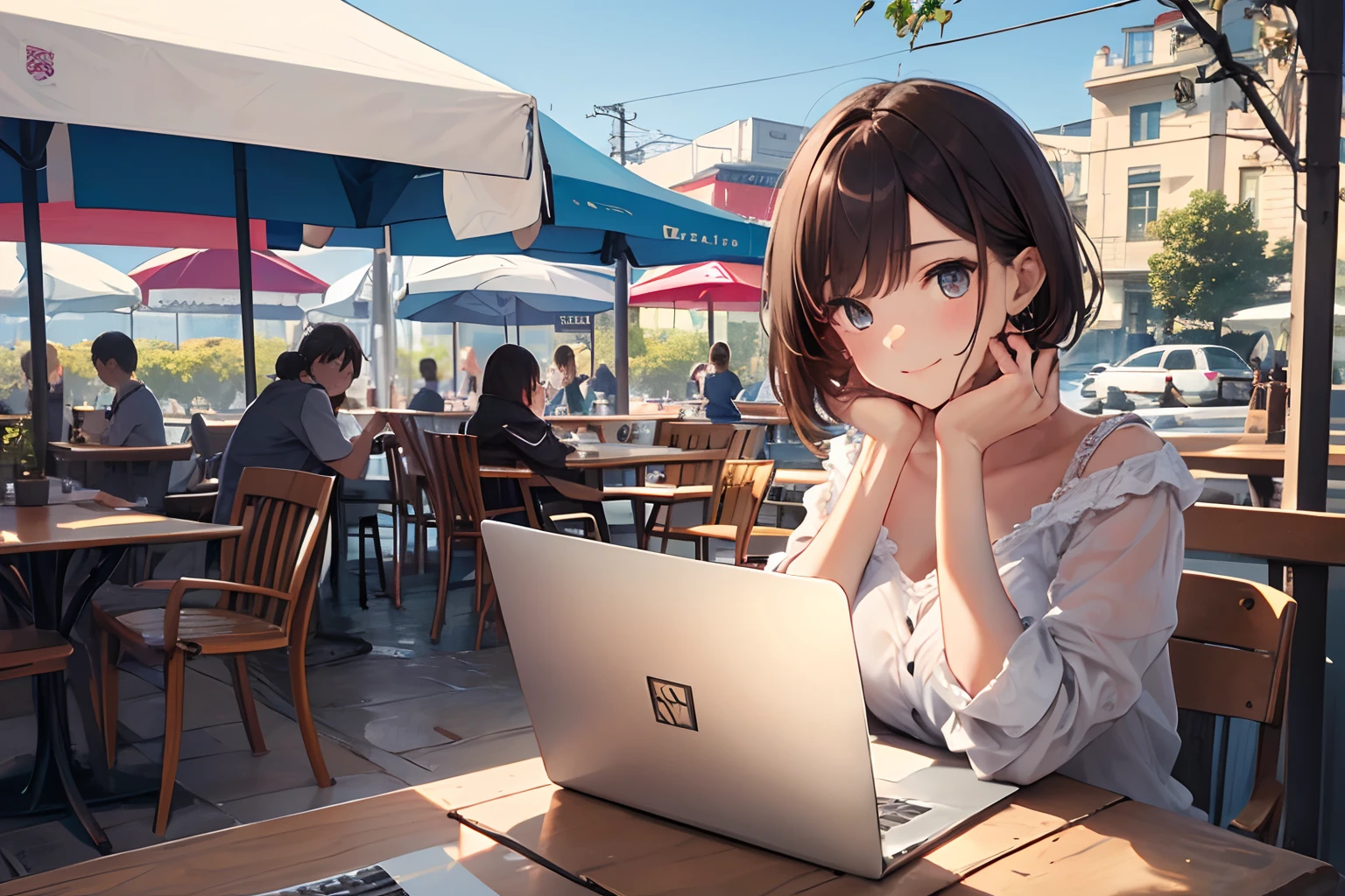 (1girl in),(beautiful eyes finely detailed、Face to detail、masterpiece sidelighting、masterpiece、top-quality、detaileds、High resolution illustration),Woman using laptop on the open terrace of a fashionable café、((use a laptop))、a closeup、18year old、OL、Everyday clothes、A smile、frontage、The upper part of the body、Brown hair、Short bob hair、The upper part of the body、