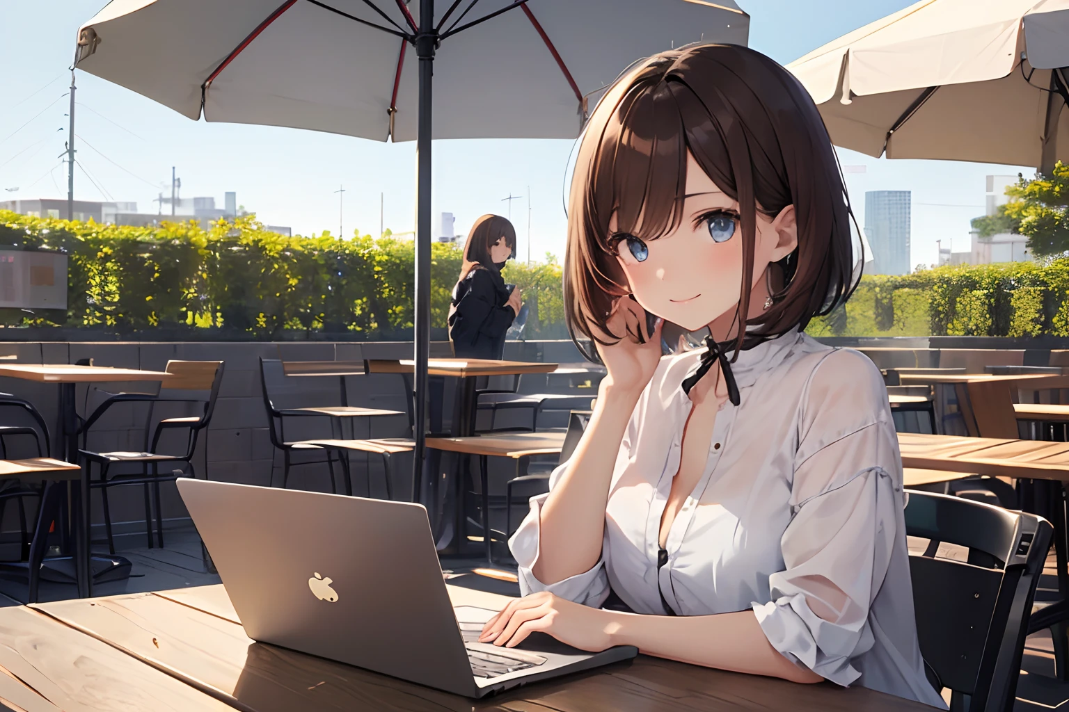 (1girl in),(beautiful eyes finely detailed、Face to detail、masterpiece sidelighting、​masterpiece、top-quality、detaileds、High resolution illustration),Woman using laptop on the open terrace of a fashionable café、((use a laptop))、a closeup、18year old、OL、Everyday clothes、A smile、frontage、The upper part of the body、Brown hair、Short bob hair、The upper part of the body、