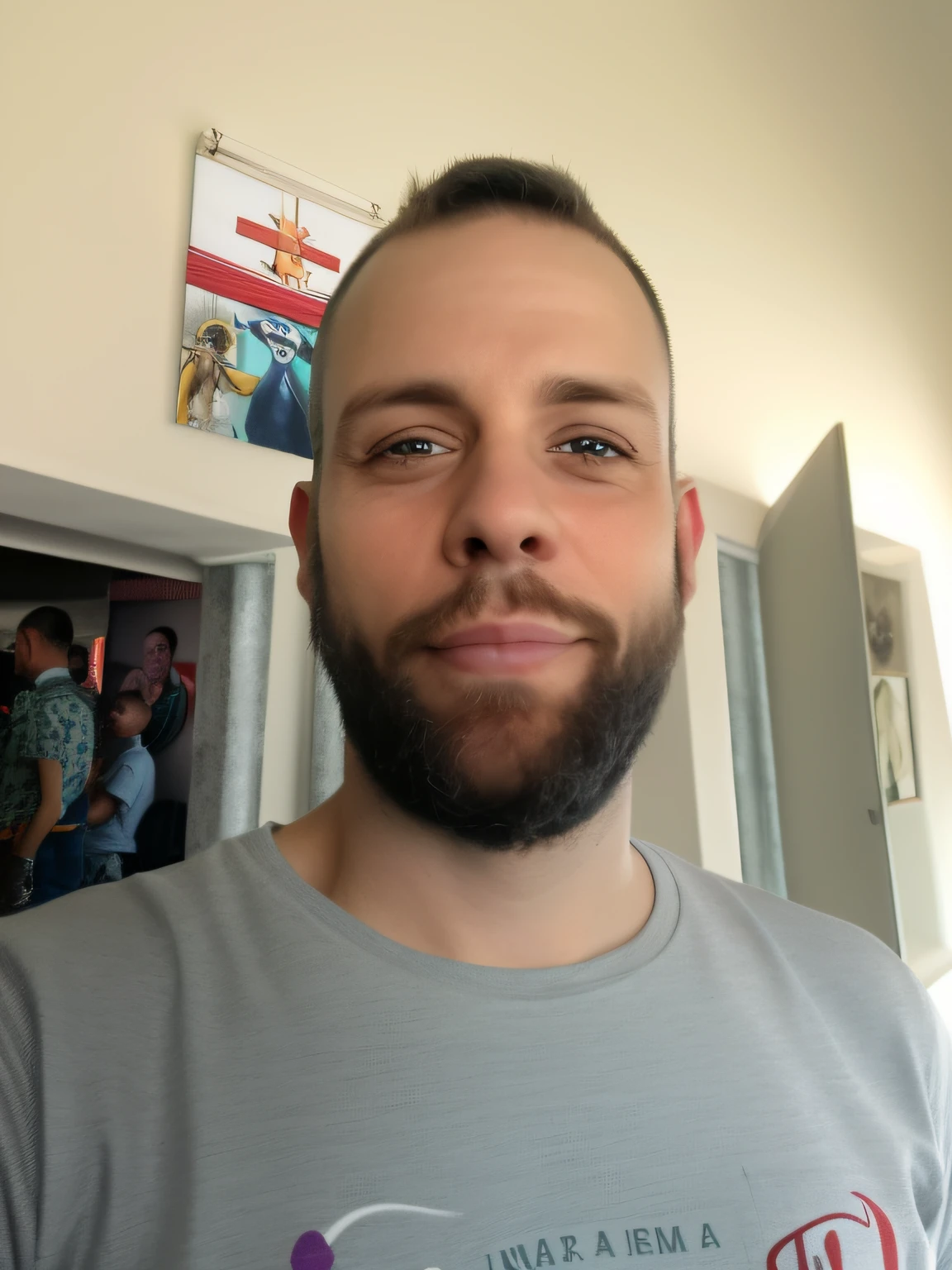 Crie uma imagem no estilo Pixar, para Homem com barba e camisa cinza em frente a uma parede, Homem de 4 0 anos, imagem de perfil, david rios ferreira, Homens de 45 anos, 3 2 - ano - homem de idade, 3 6 anos, foto de um homem, foto do perfil, 38 anos, foto de um homem branco de 50 anos