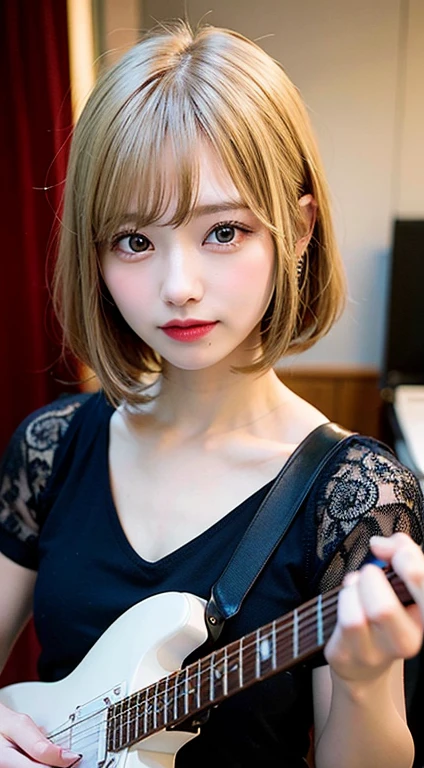 (8K, Raw photo:1.2),Detailed face and eyes,Best Quality, 超A high resolution, Highly detailed ,intricate detailes ,masutepiece ,Cute Girl , Soft cinematic light, Hyper-detailing, High quality,a blond, bob cuts, NSFW,Wearing a dress、Blue electric guitar in hand