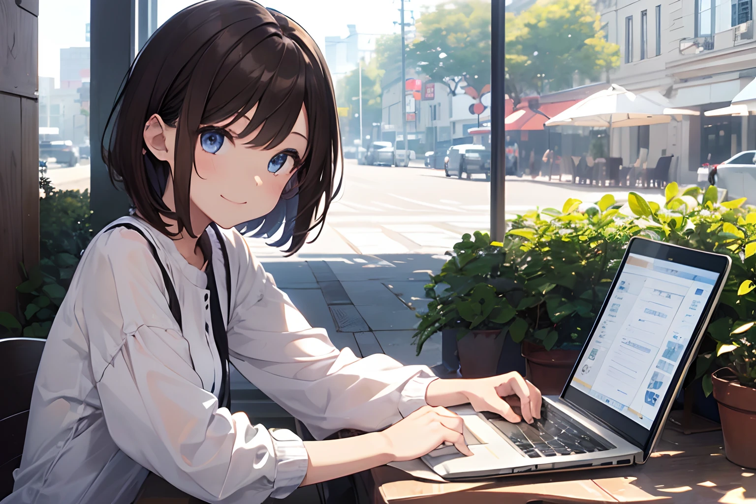 (1girl in),(beautiful eyes finely detailed、Face to detail、masterpiece sidelighting、​masterpiece、top-quality、detaileds、High resolution illustration),Woman using laptop on the open terrace of a fashionable café、((use a laptop))、a closeup、18year old、OL、Everyday clothes、A smile、frontage、The upper part of the body、Brown hair、Short bob hair、The upper part of the body、