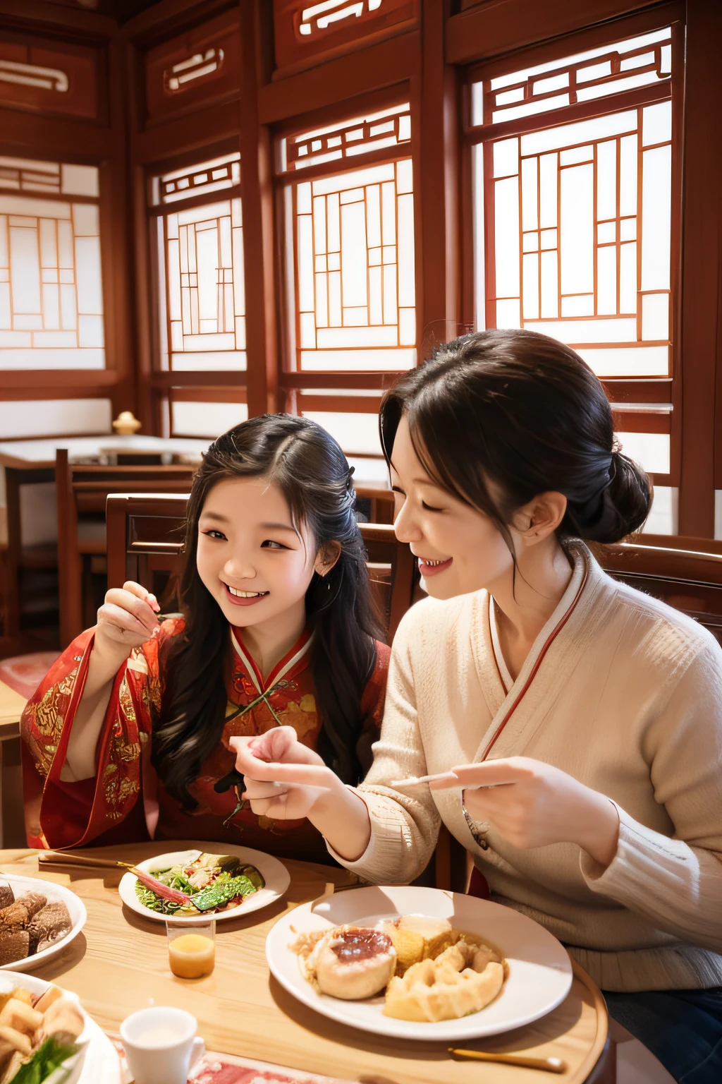 A family reunion during the Spring Festival，Three generations of grandchildren，jubilation【a warm color palette】【gentlesoftlighting】【banquet】【Interior of a modern Chinese building】