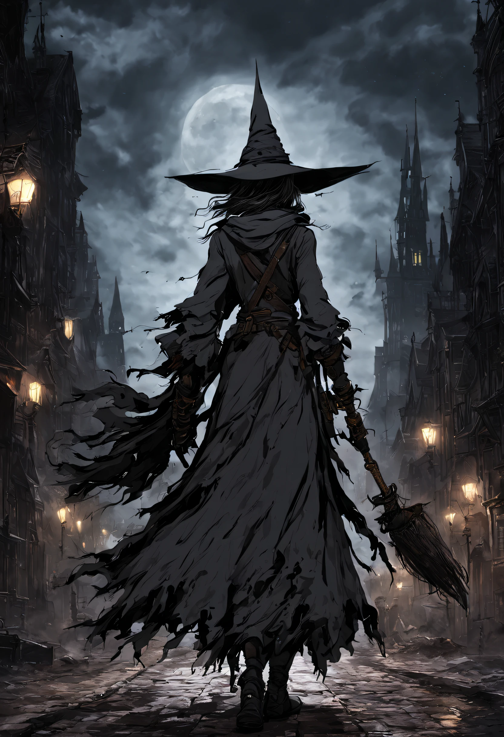 (masterpiece, best quality), a witch exploring a desolate city streets, bloodborne, gloomy lighting, full moon